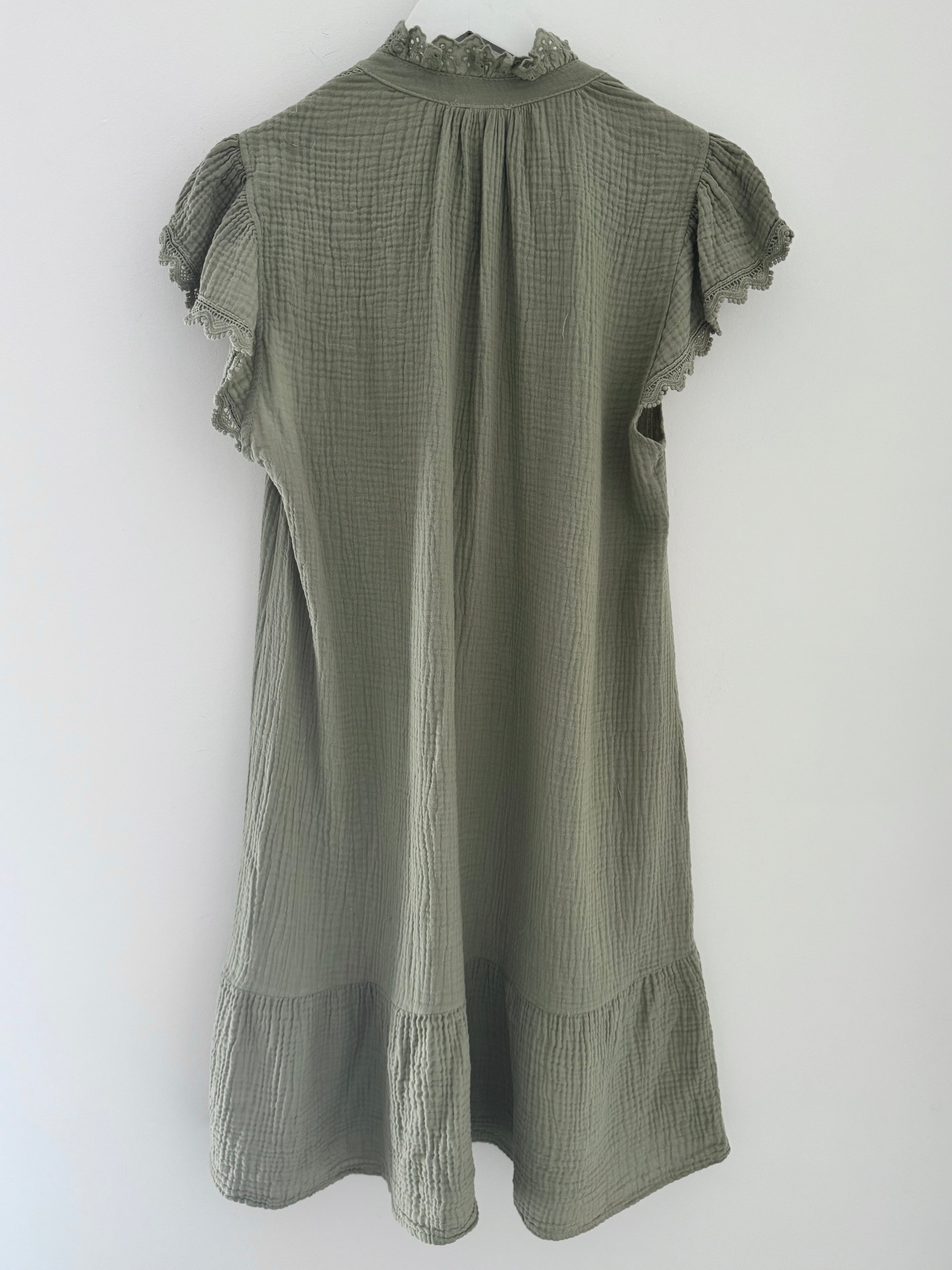 Cheesecloth Dress with Lace Edge Sleeves in Khaki
