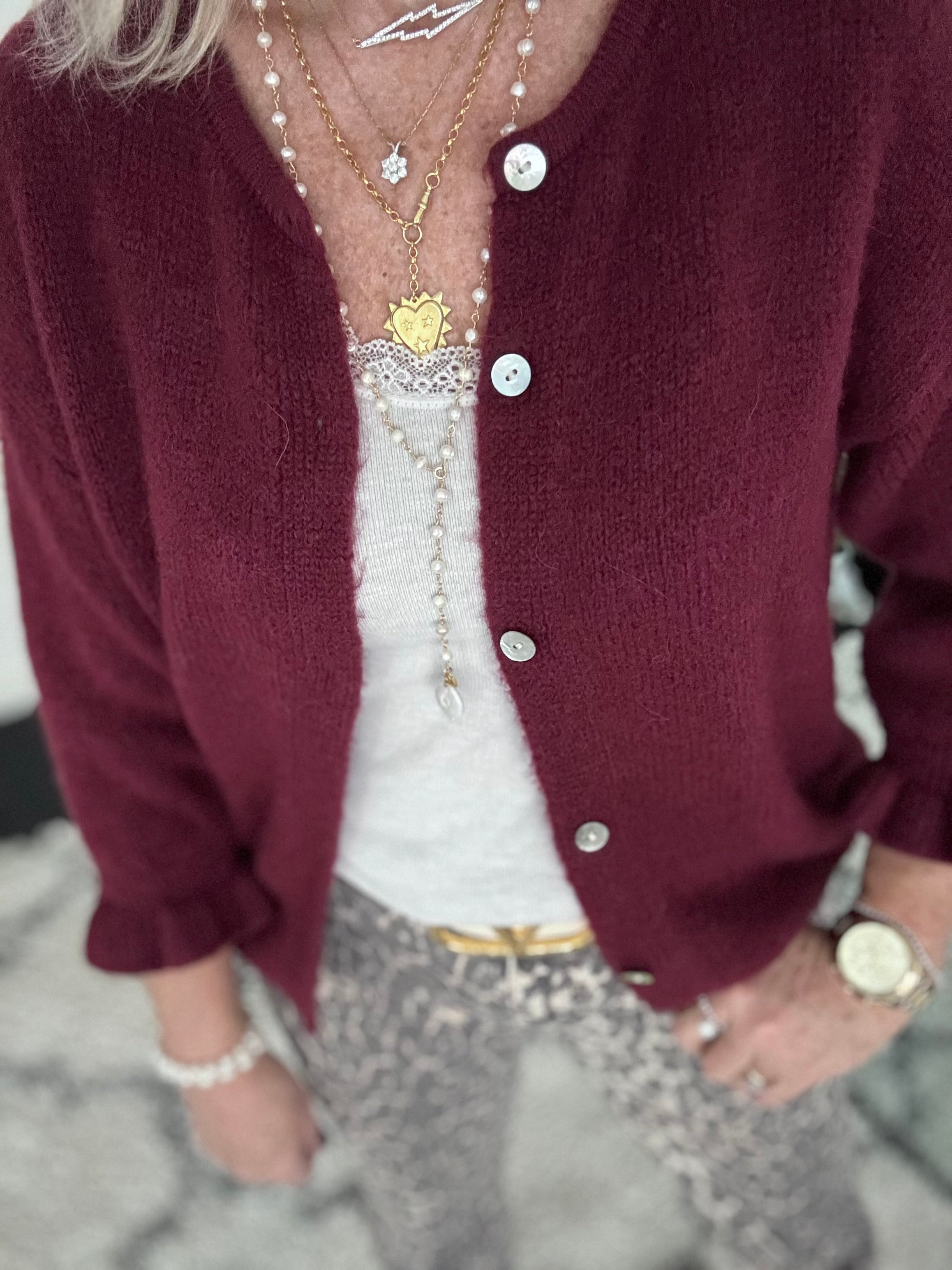 Alpaca Cardi with Frill Cuffs in Wine