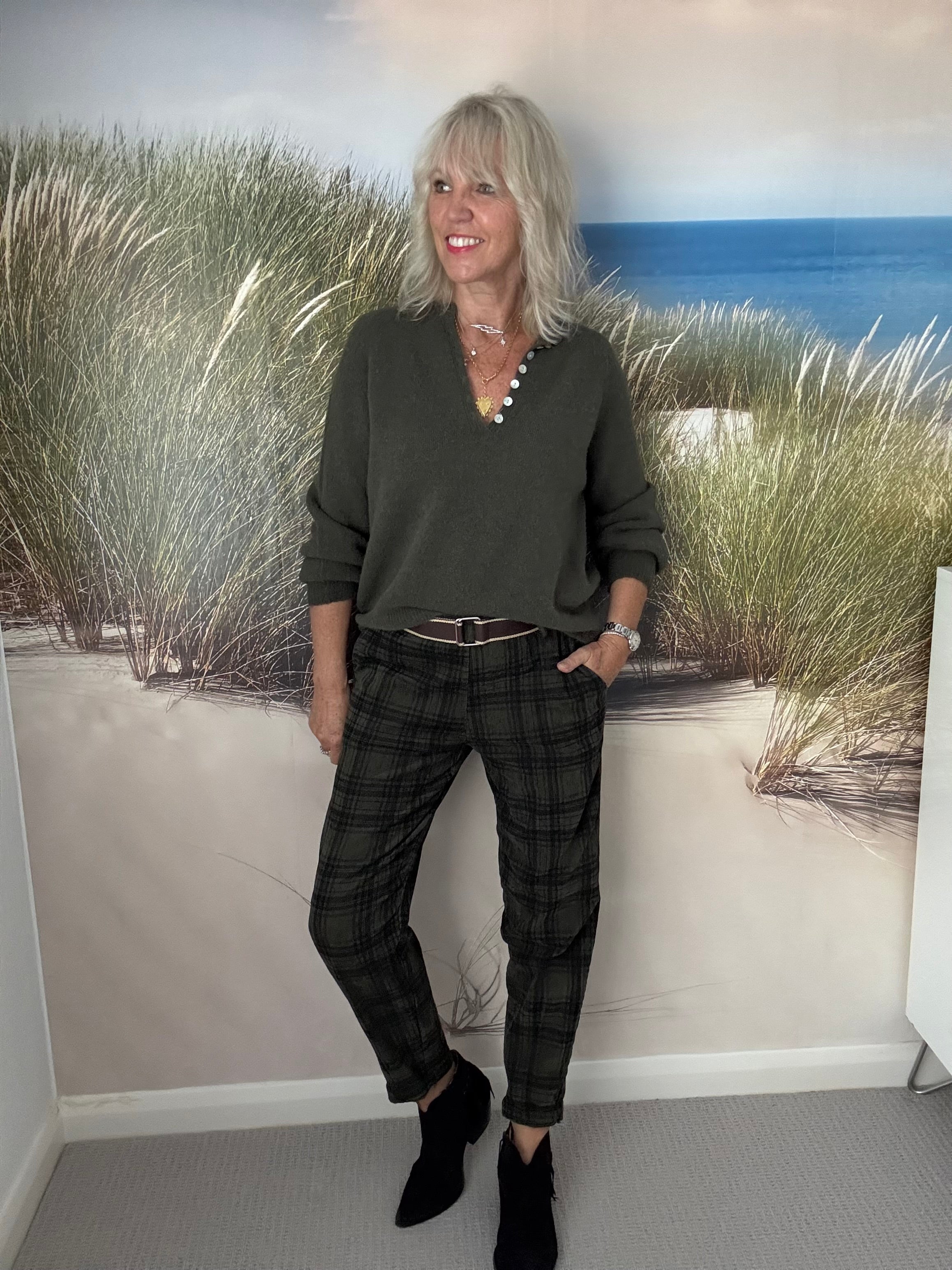 Fine Cord Check Trousers in Khaki