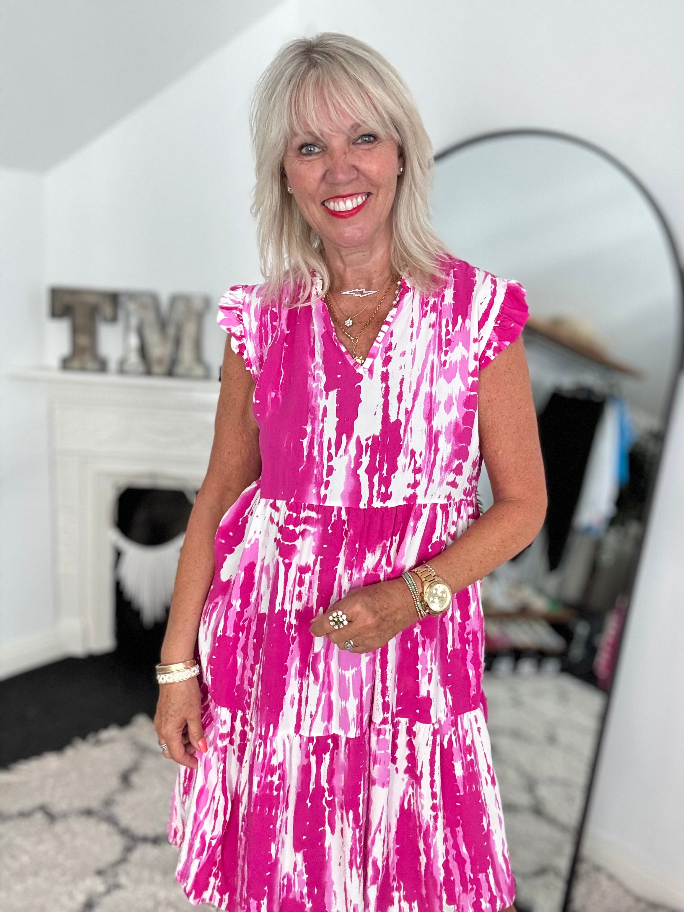 Tiered Sleeveless Dress in Fuchsia & White