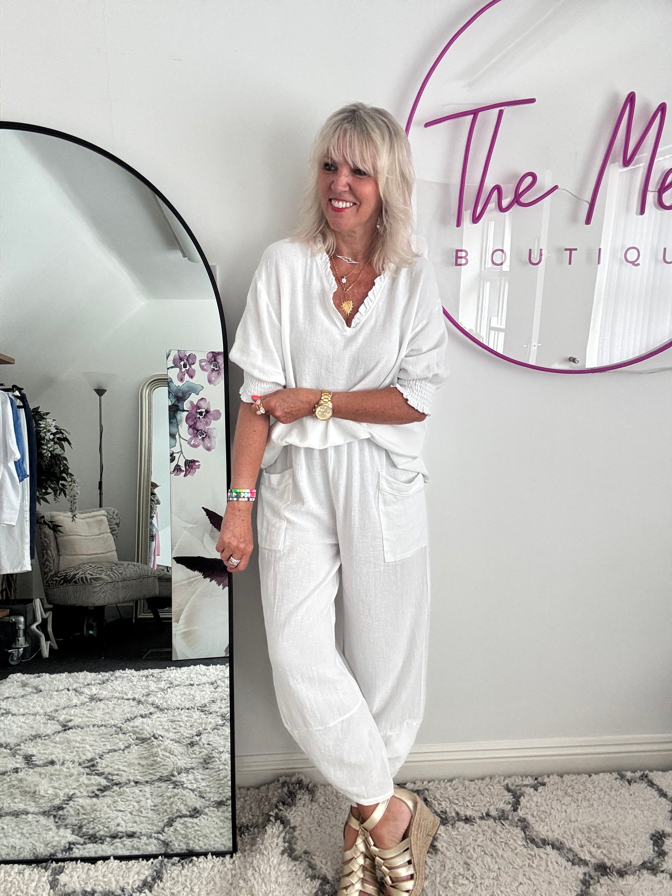 Linen & Cotton Barrel Trousers in White