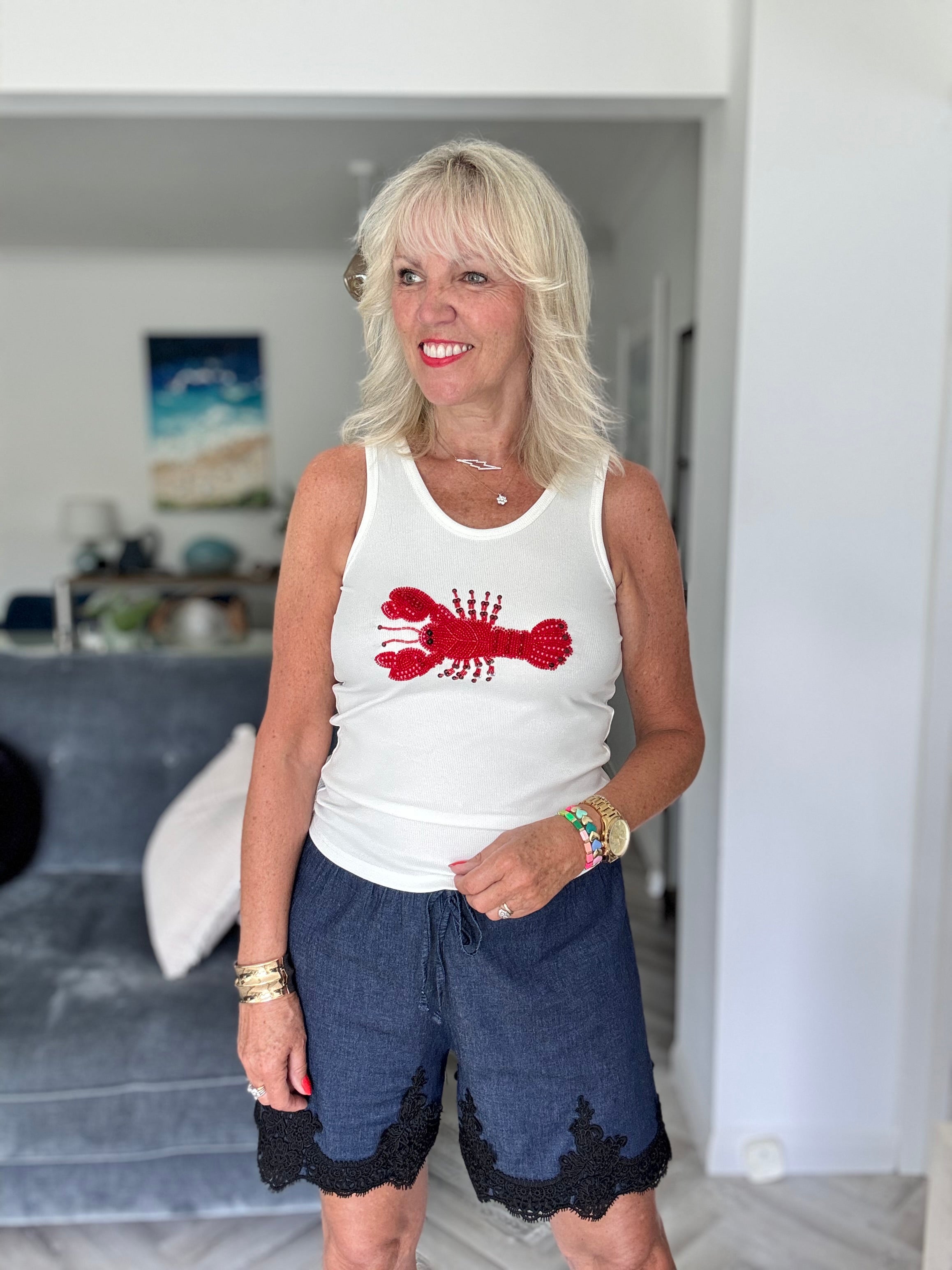 Designer Ribbed Vest with Beaded Lobster