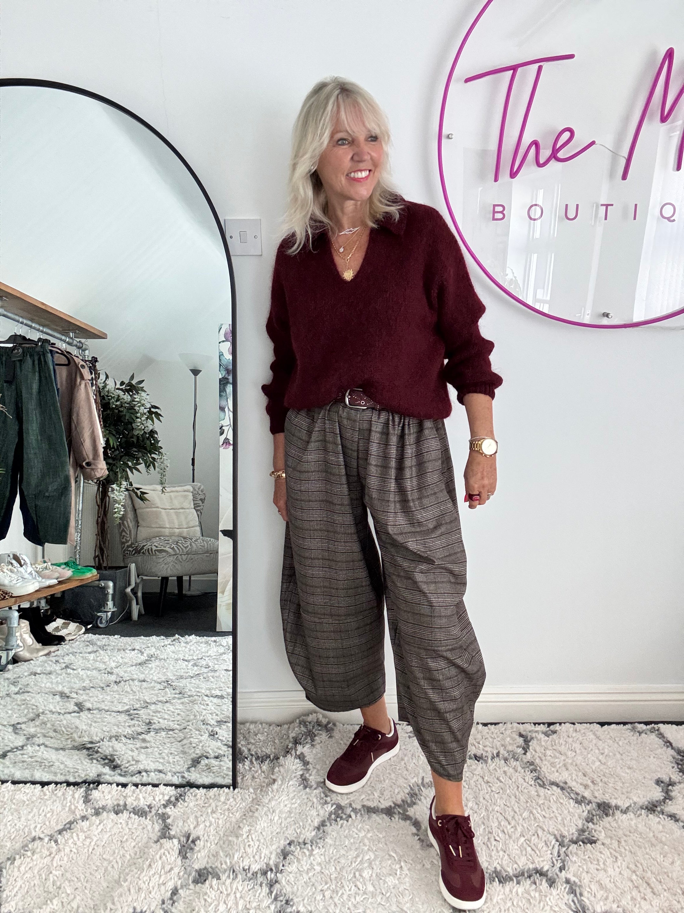 Wide Leg Check Trousers in Chocolate