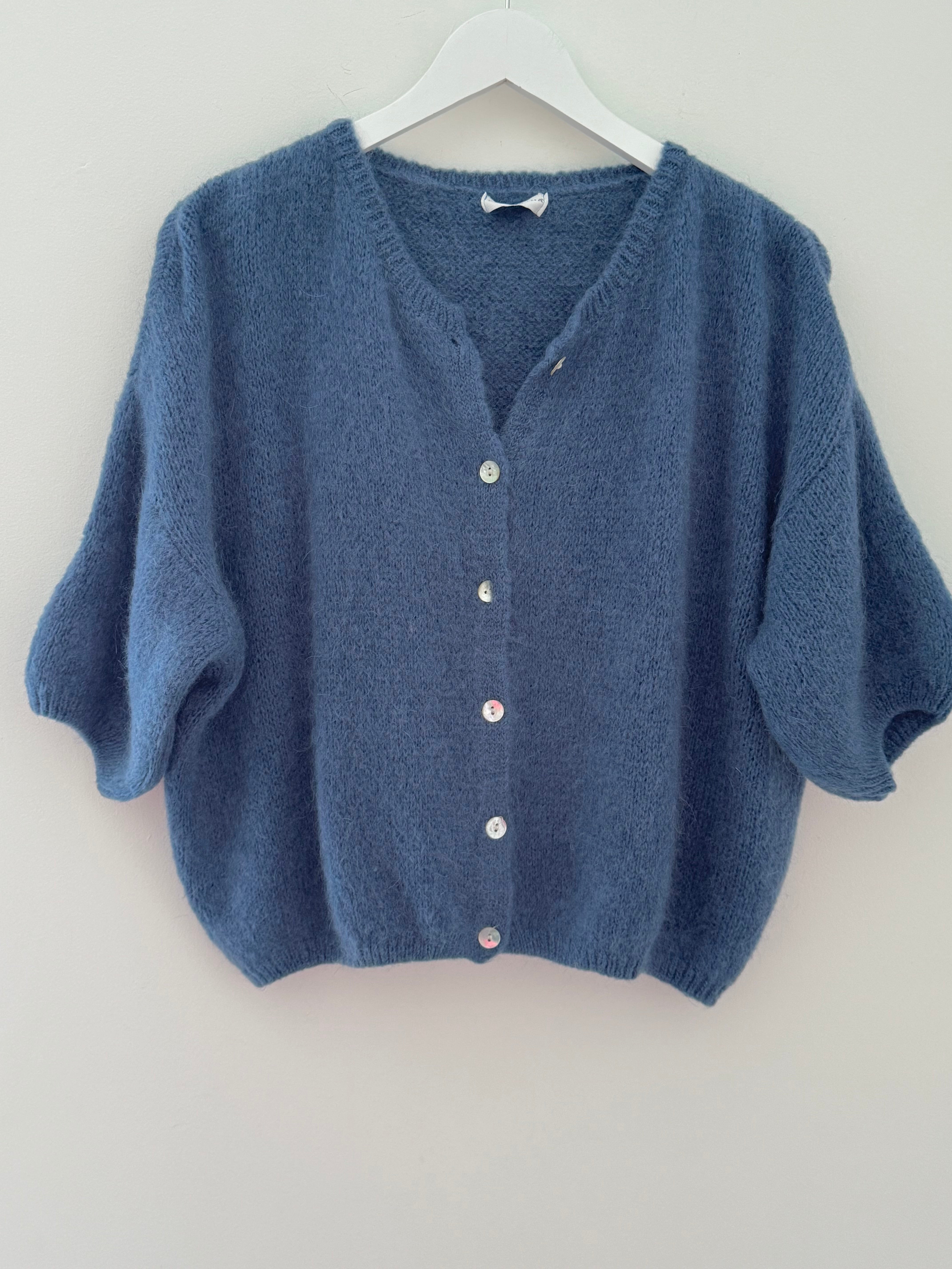 Cropped Sleeve Buttoned Cardi in Soft Denim