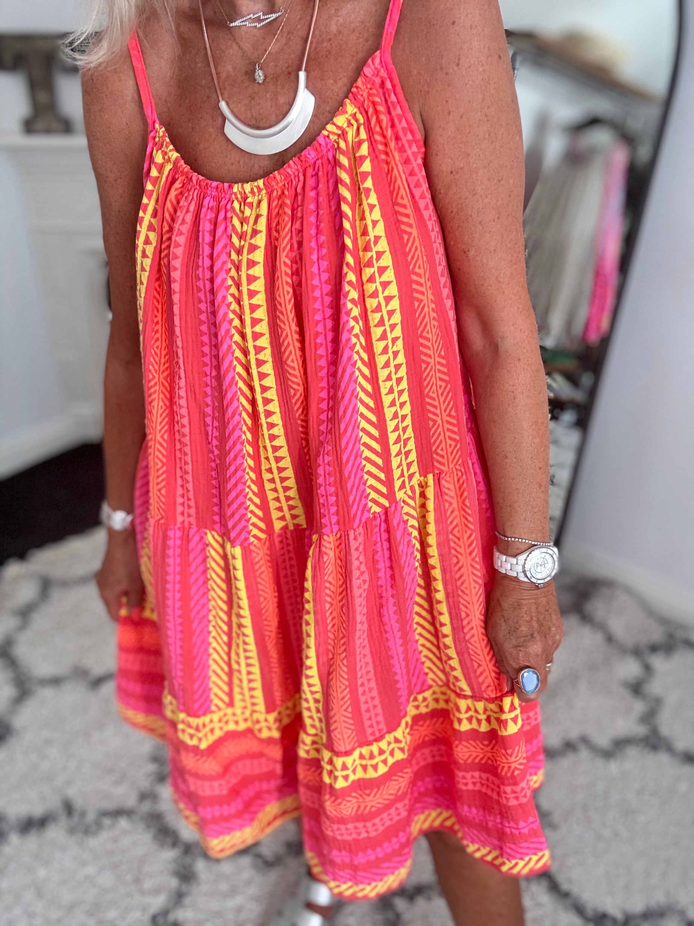 Aztec Cheesecloth Dress in Coral Red
