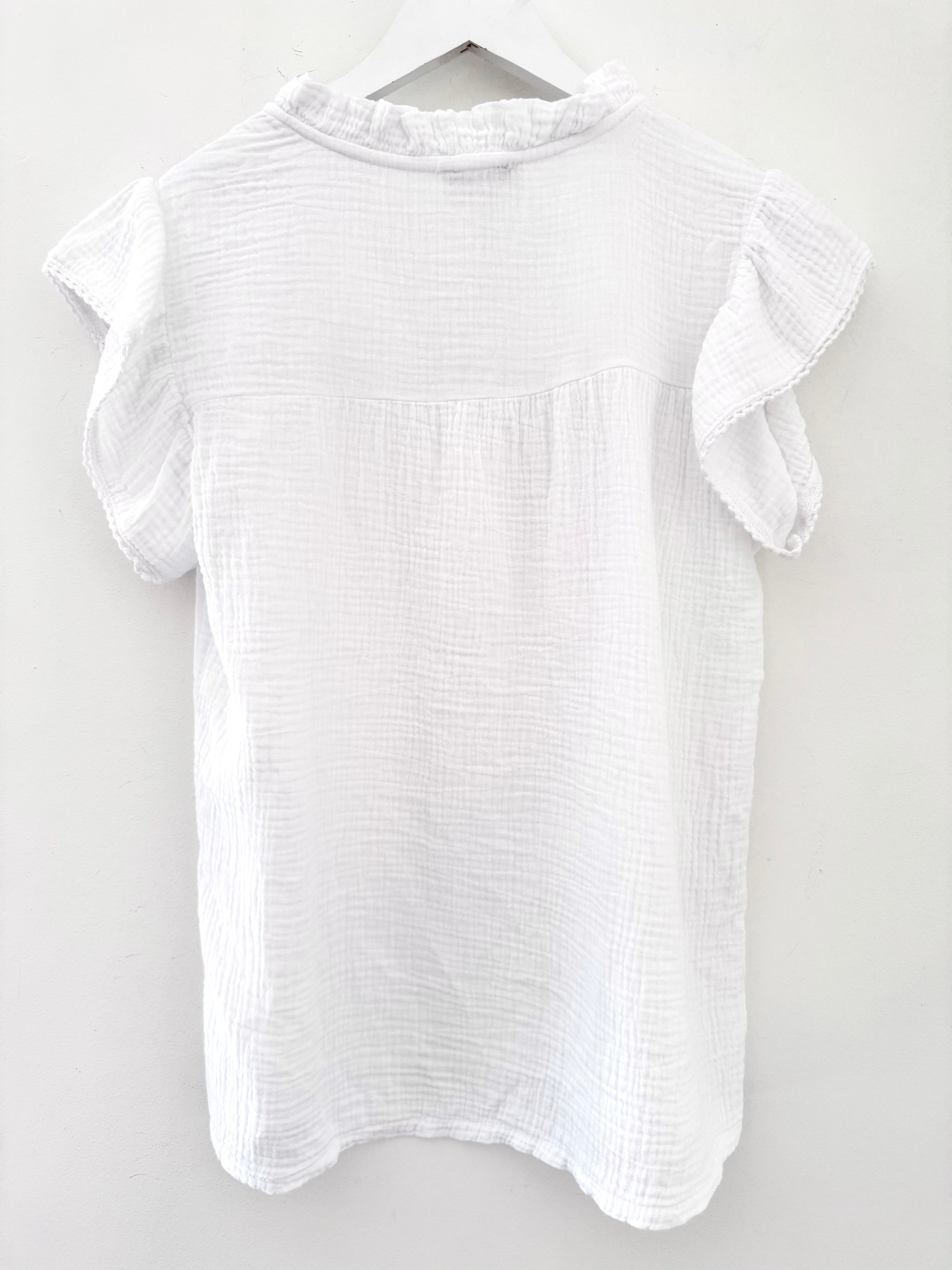 Cheesecloth Top with Ruffle Sleeves in White