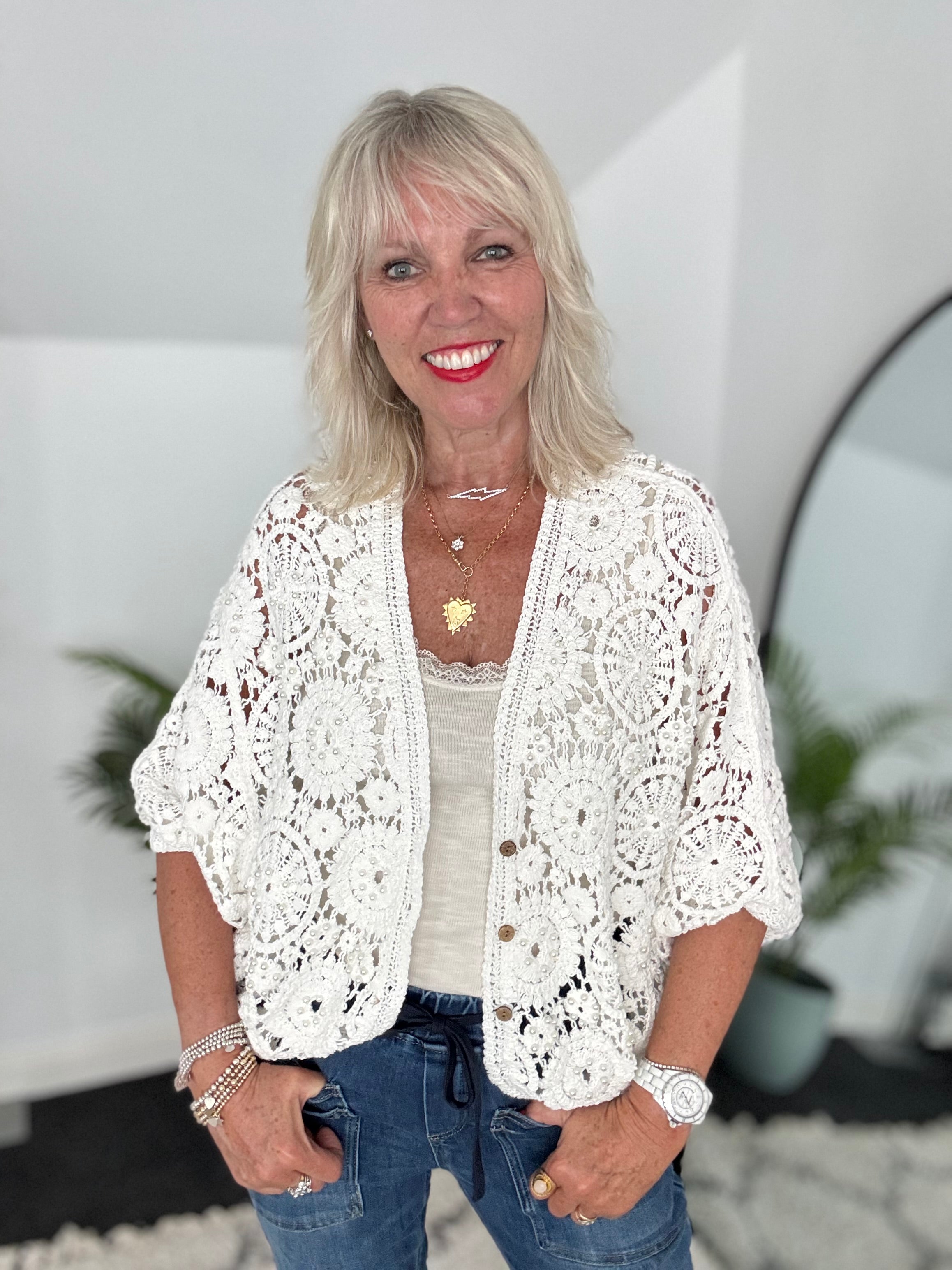 Batwing Crochet Cardigan in Ivory