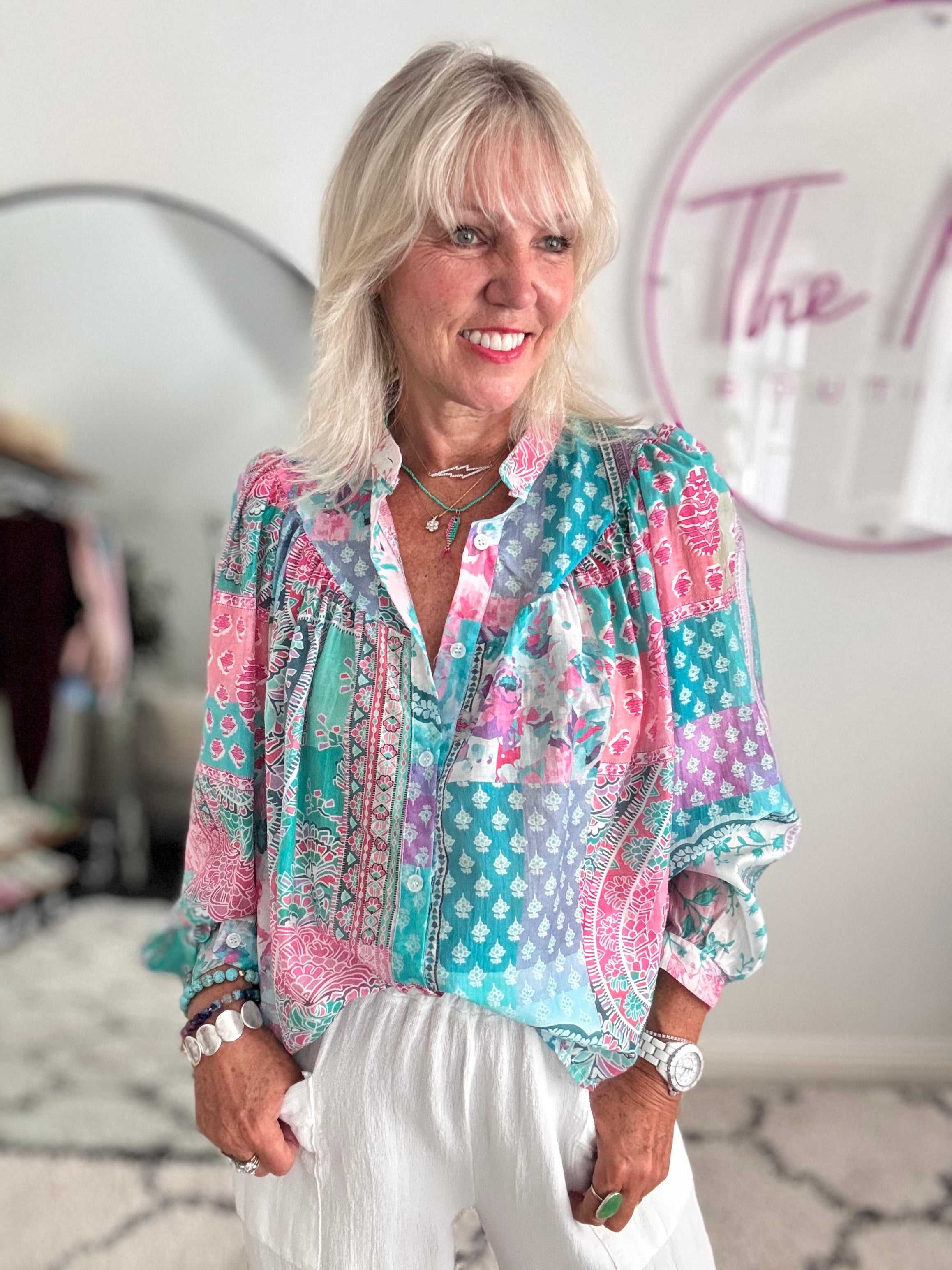 Patchwork Shirt in Fuchsia & Teal