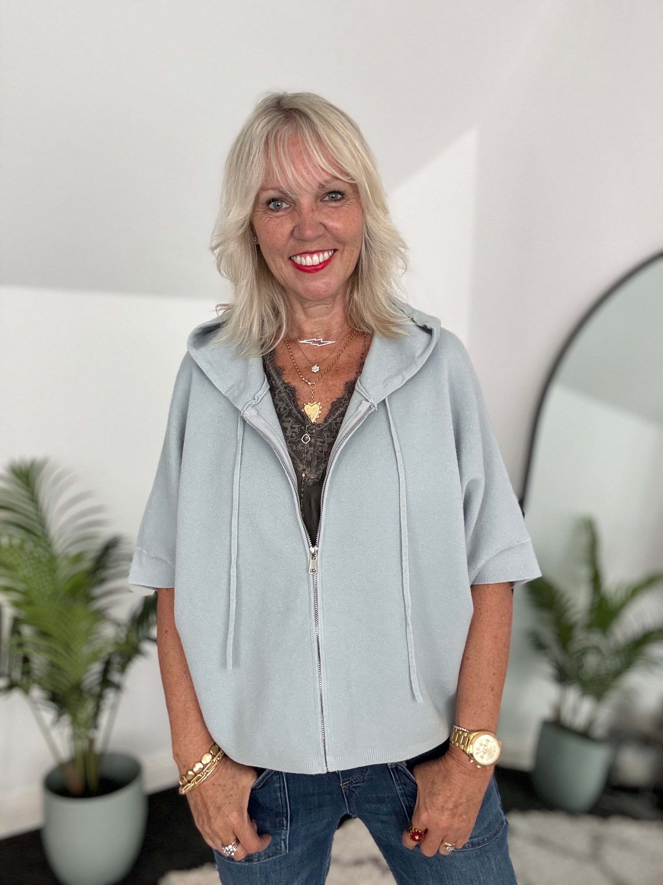 Soft Hooded Zipped Knit in Wedgewood