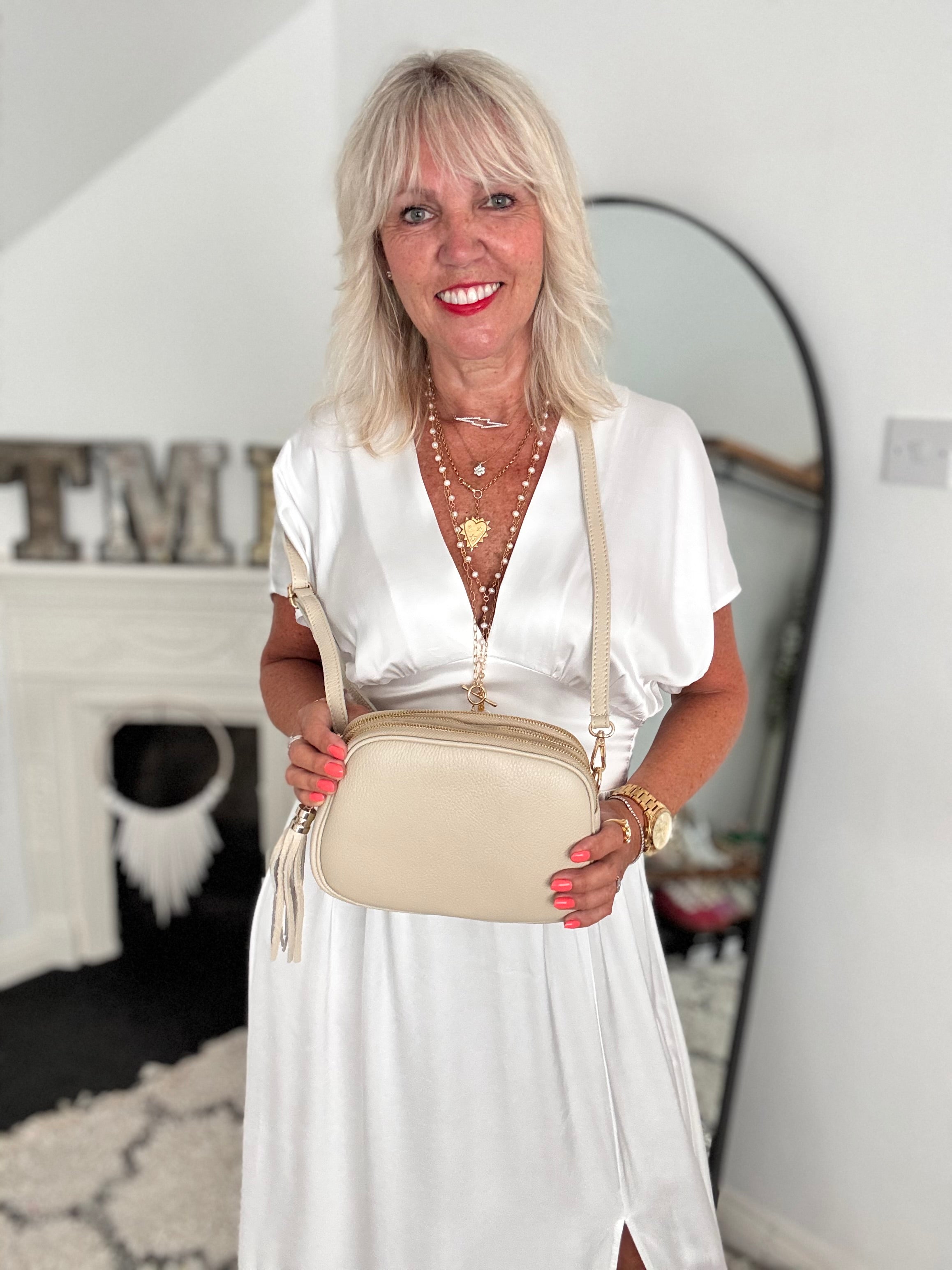 Pebble Leather Crossbody Bag in Ecru