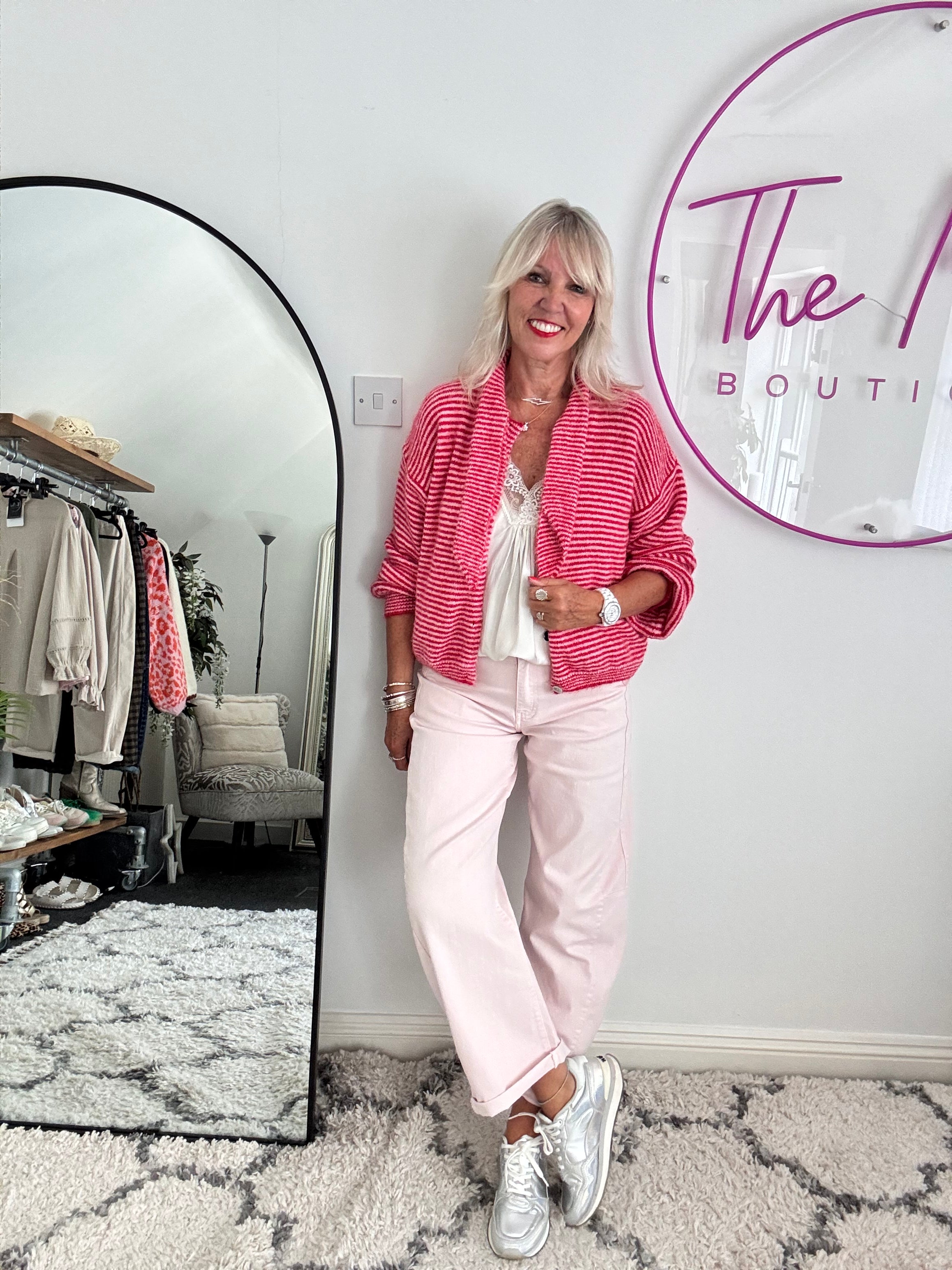 Neck Tie Stripe Cardi in Pink & Red