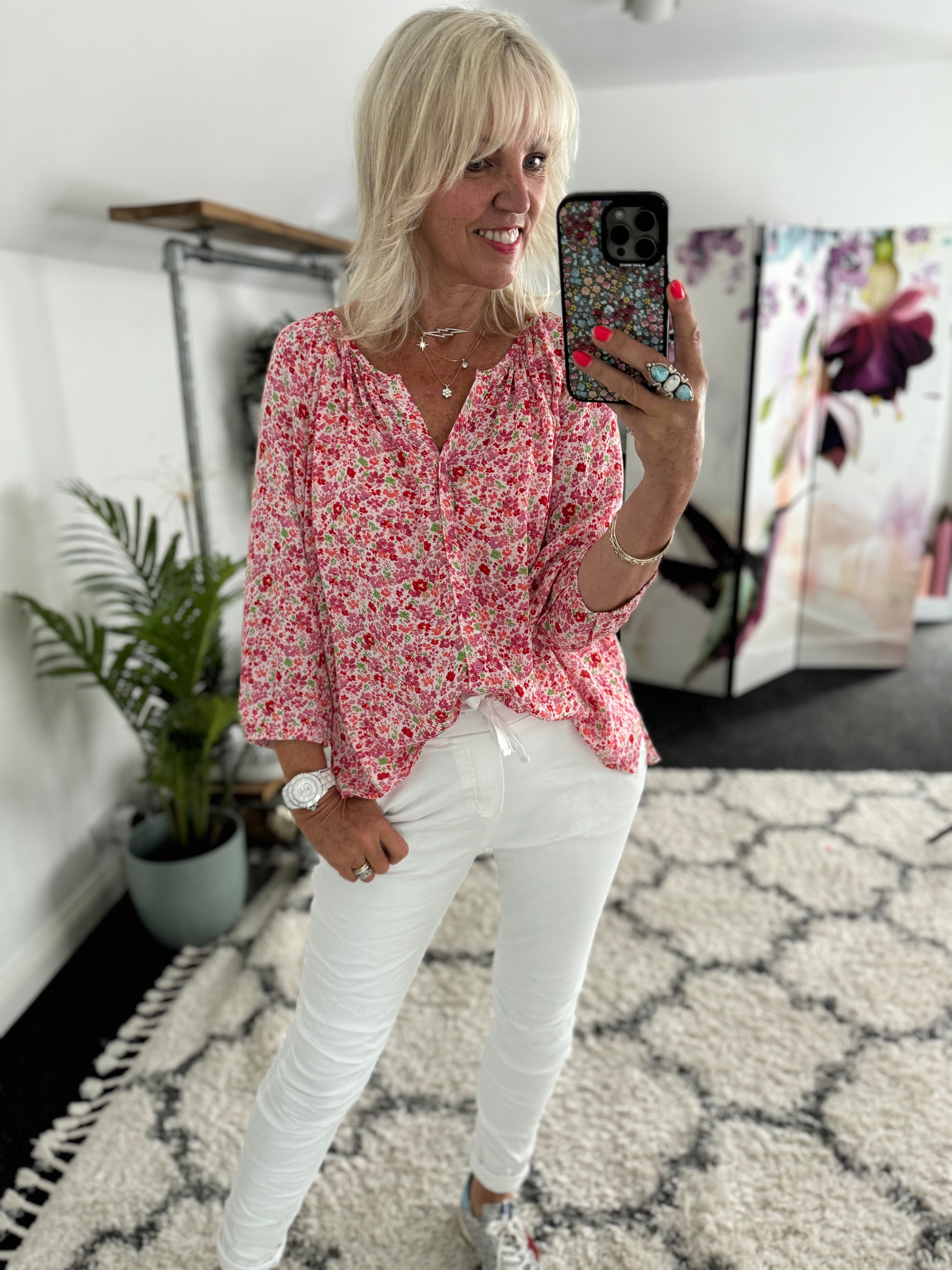 Scoop Neck Blouse in Pink Ditsy