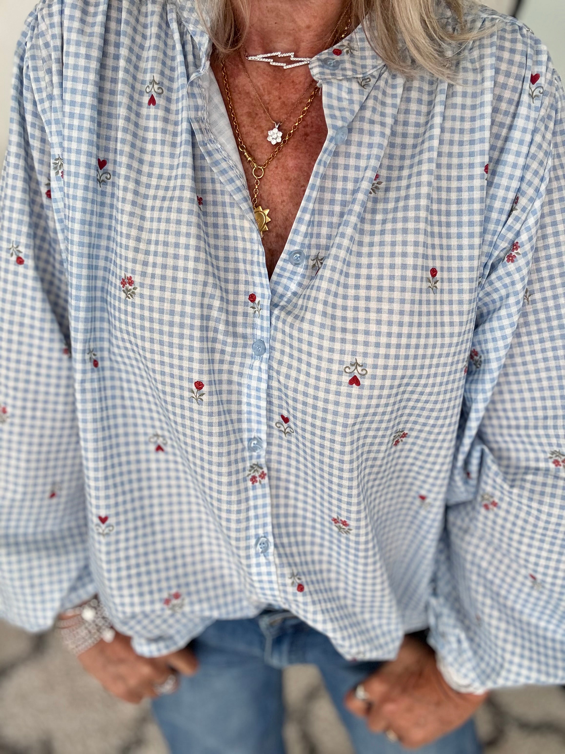Gingham & Sprig Shirt in Blue & White