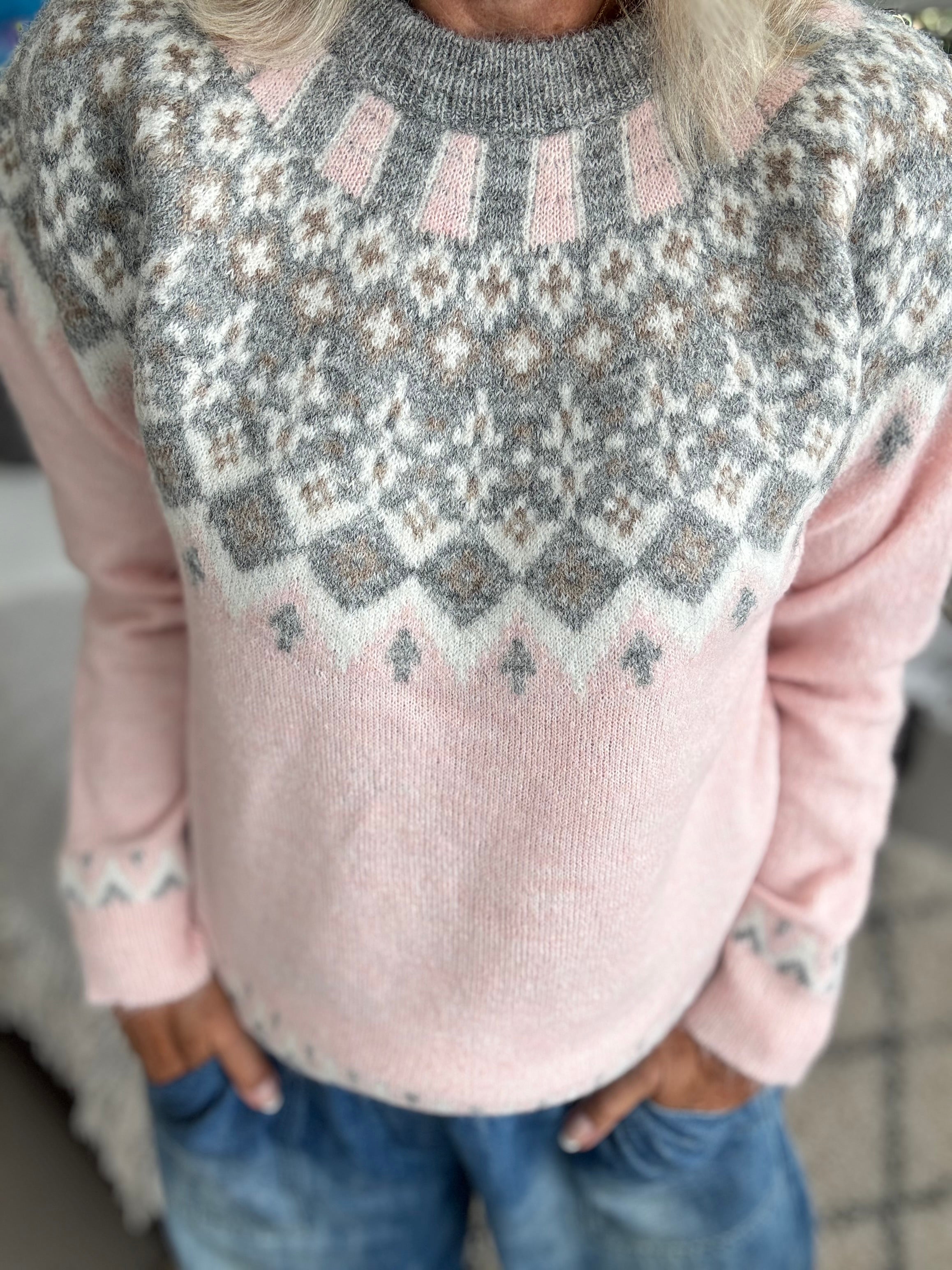 Soft Fair Isle Jumper in Pink & Grey