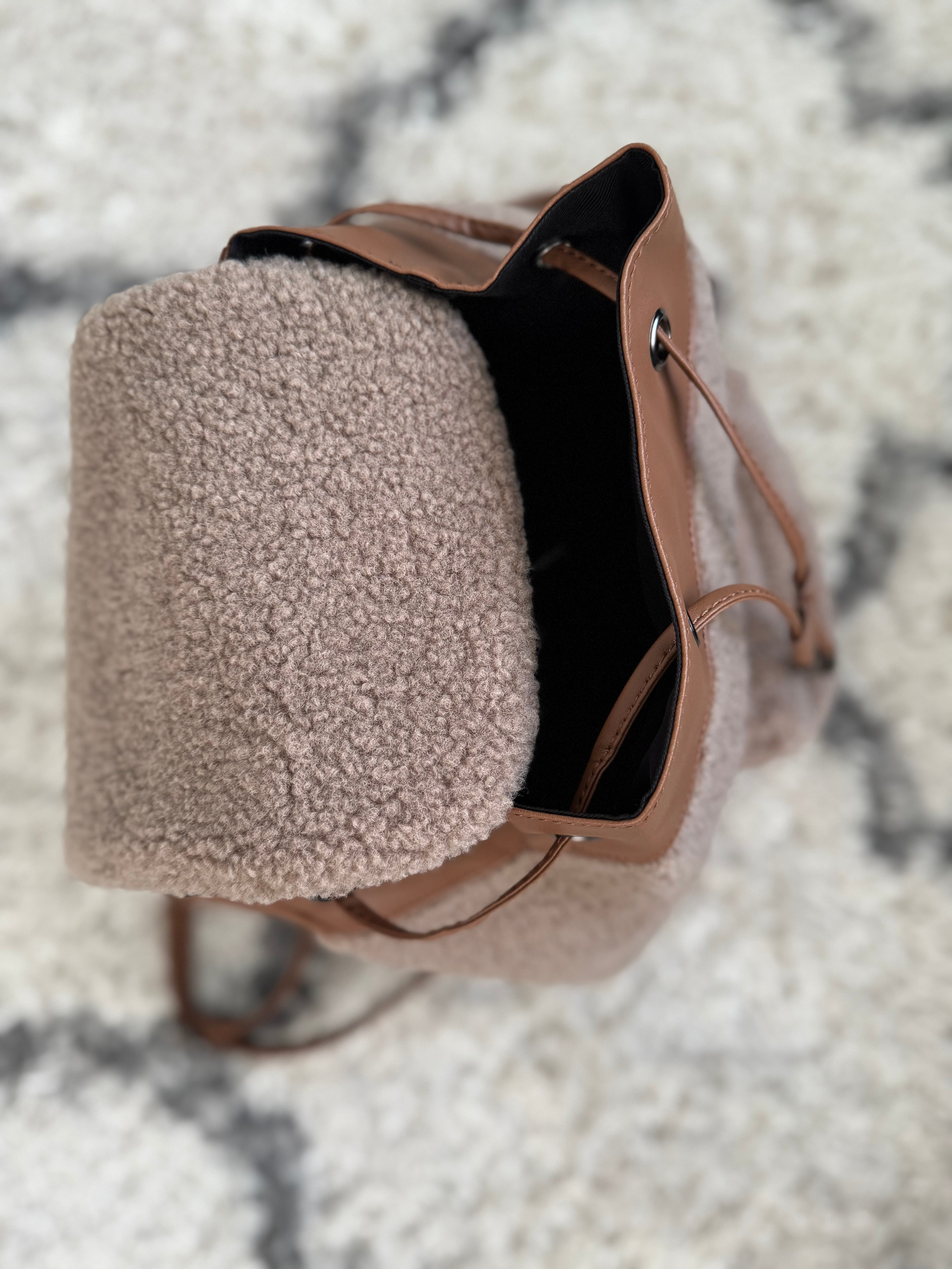 Borg & Vegan Leather Backpack Bag in Mocha