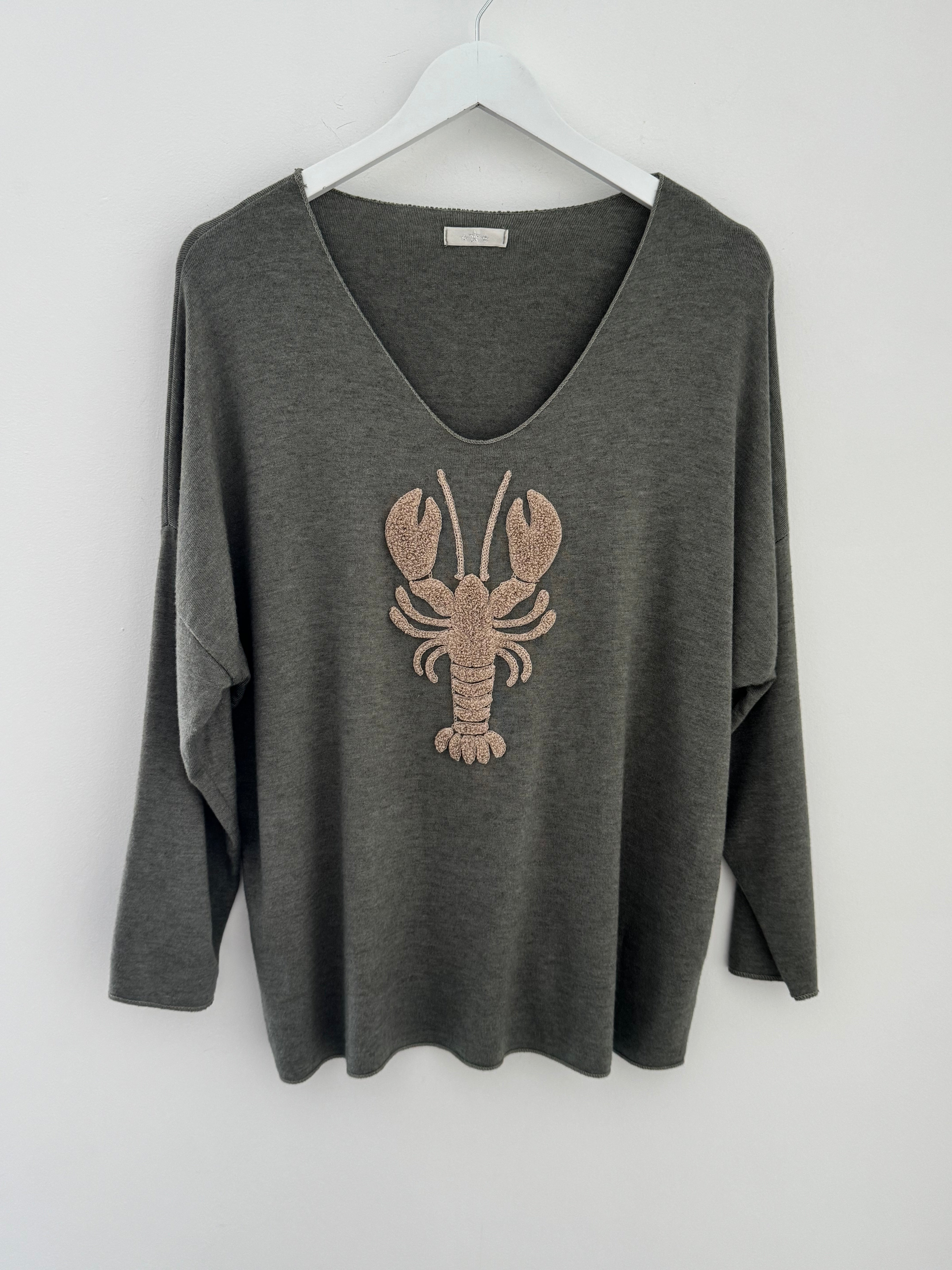 Soft V Neck Lobster Knit in Khaki