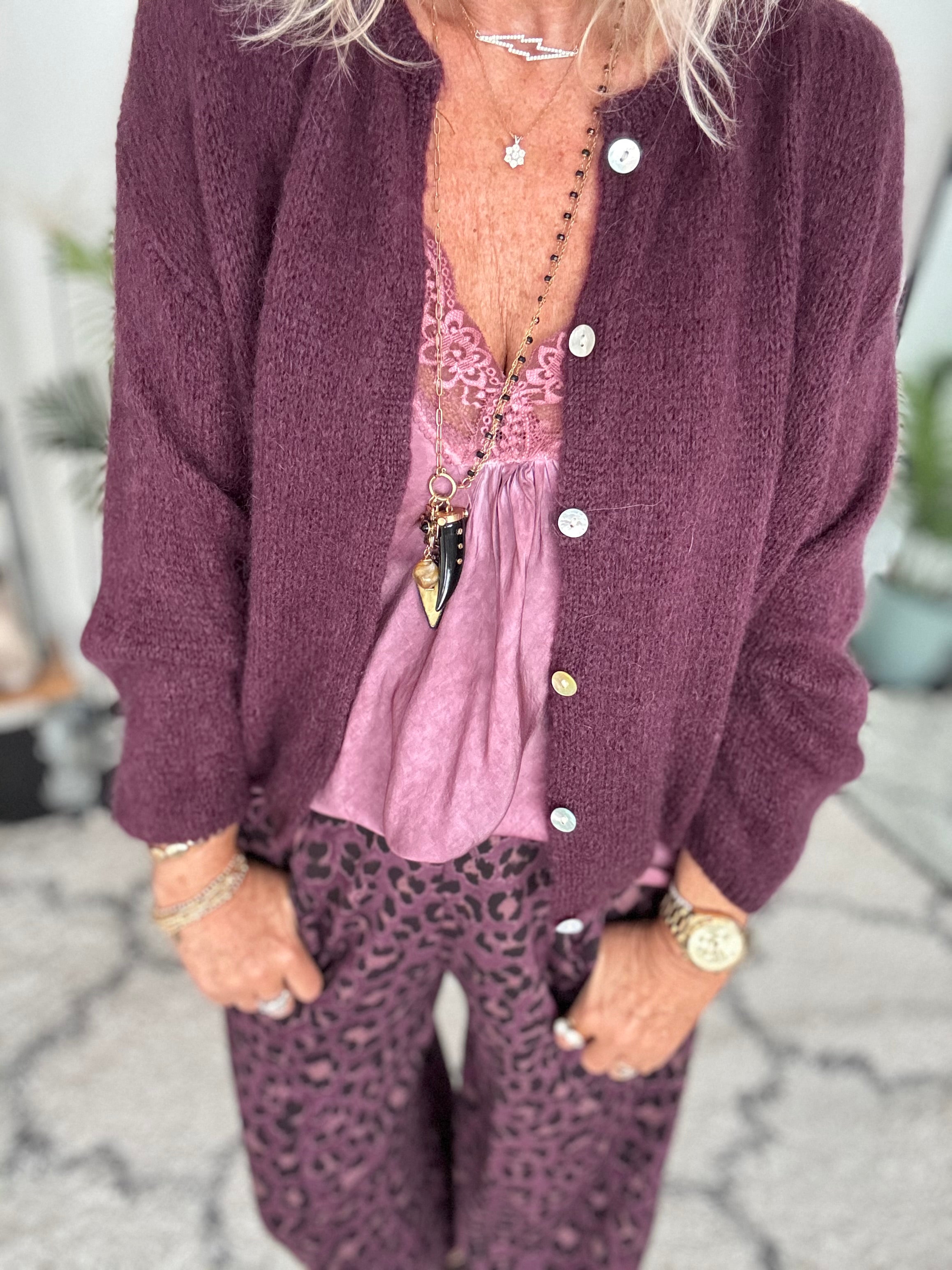 Mohair Buttoned Cardi in Plum