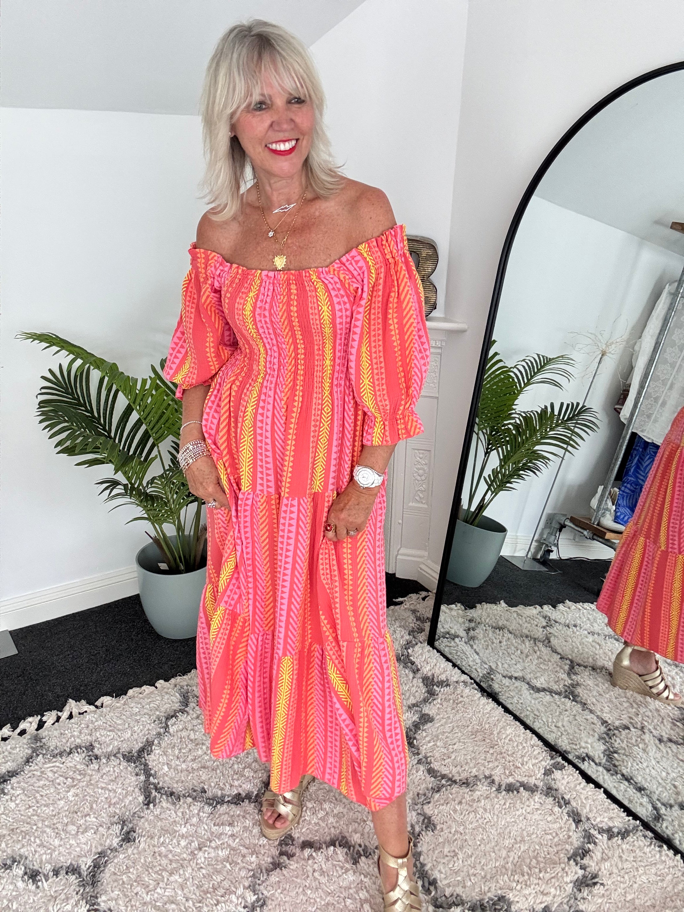 Aztec Shirred Midi Dress in Coral & Citrus