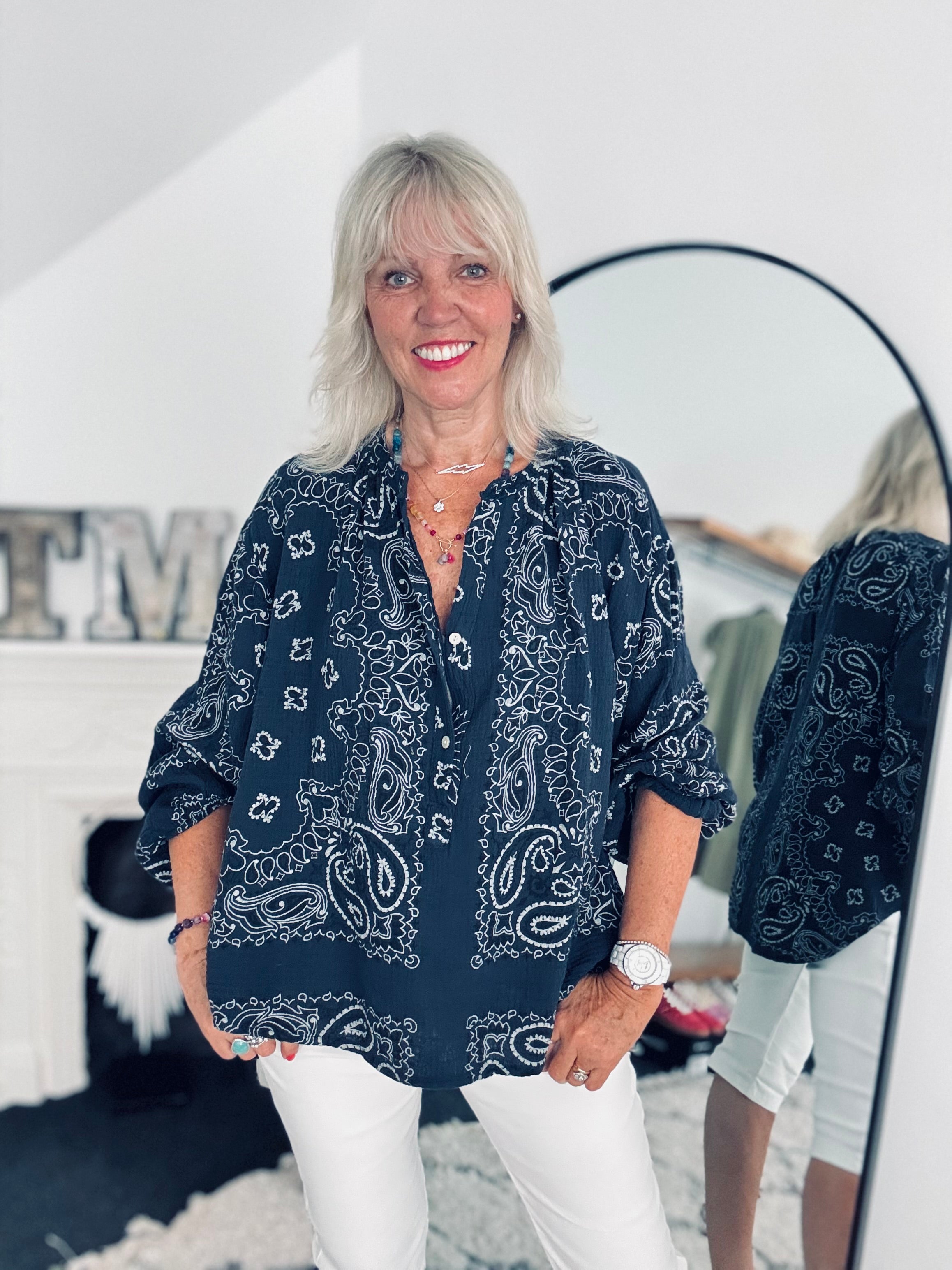 Oversized Paisley Cheesecloth Shirt in Navy