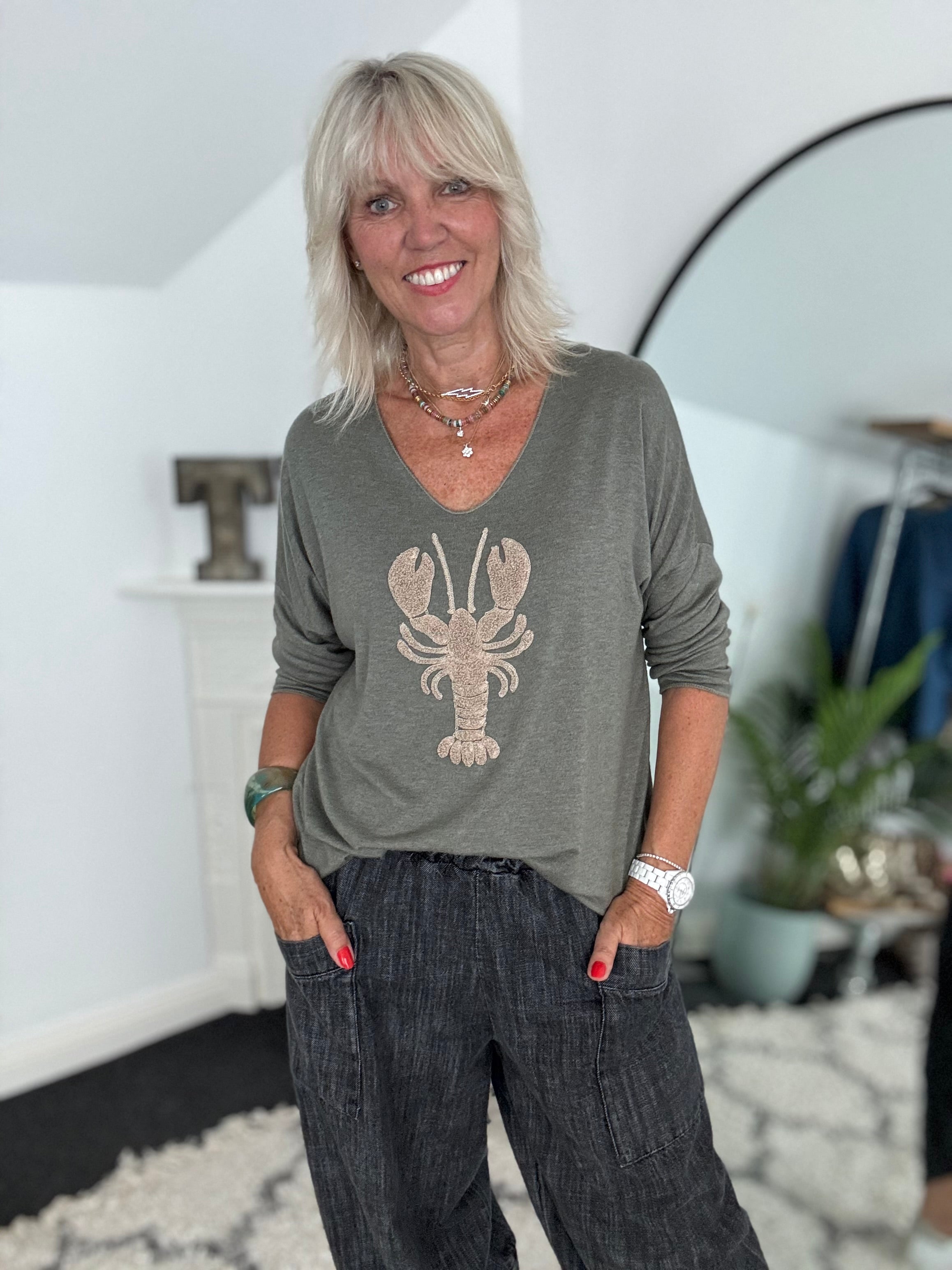 Soft V Neck Lobster Knit in Khaki
