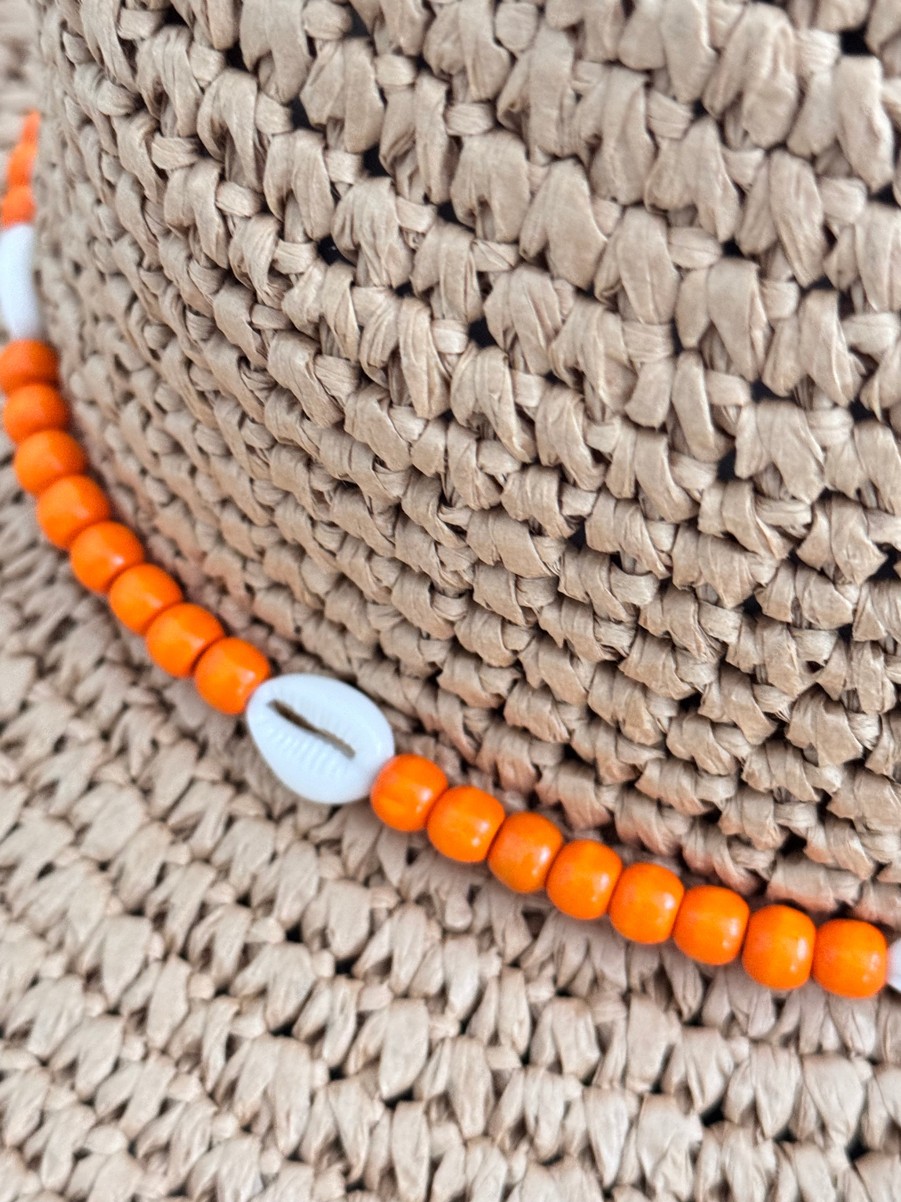 Straw Hat with Orange Bead & Shell Tie