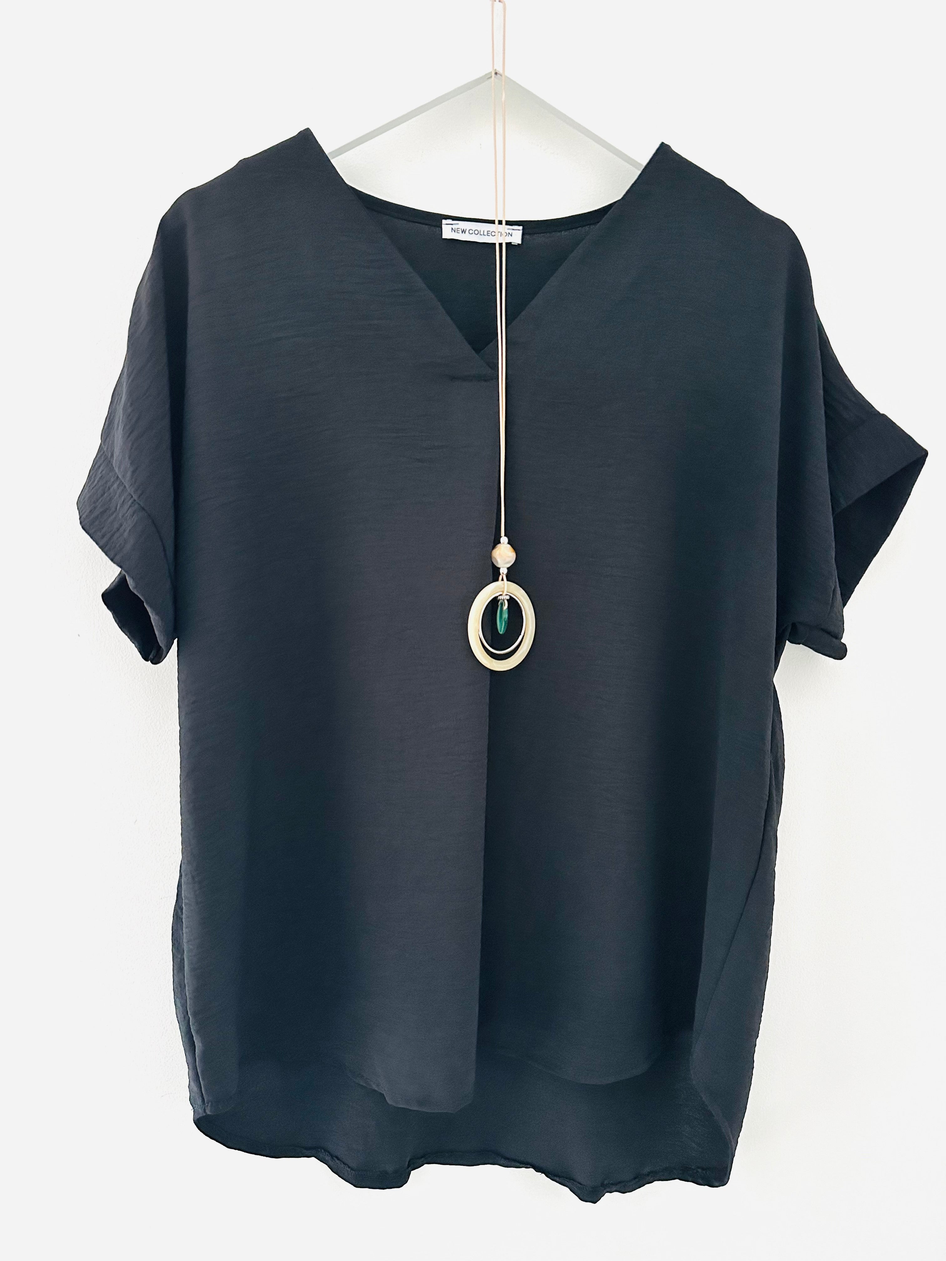 Crepe Top with Necklace in Black