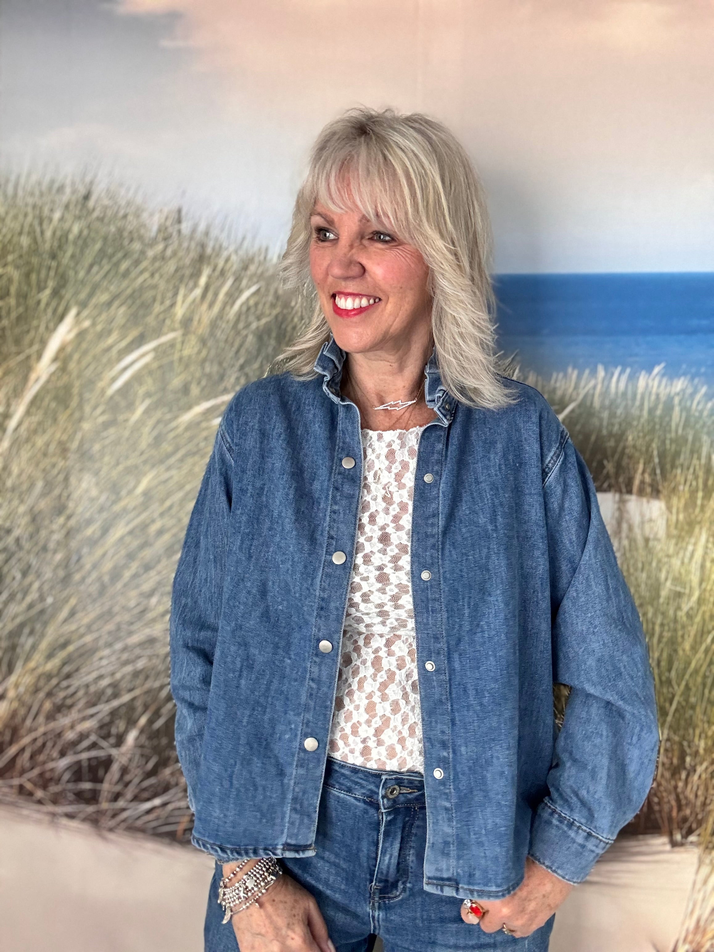 Soft Denim Shirt with Ruffle Collar