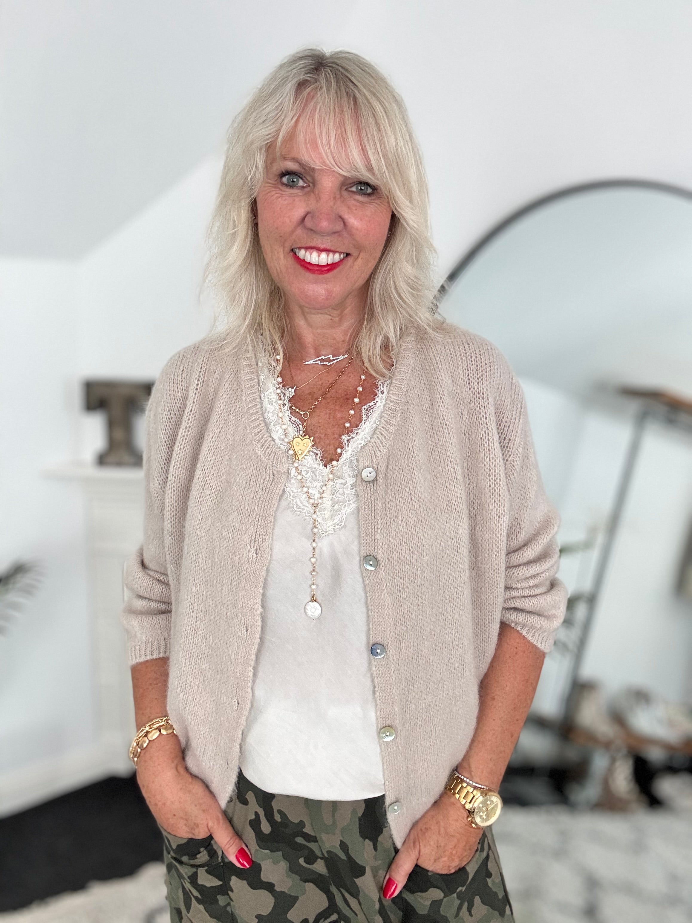 Mohair Buttoned Cardi in Stone