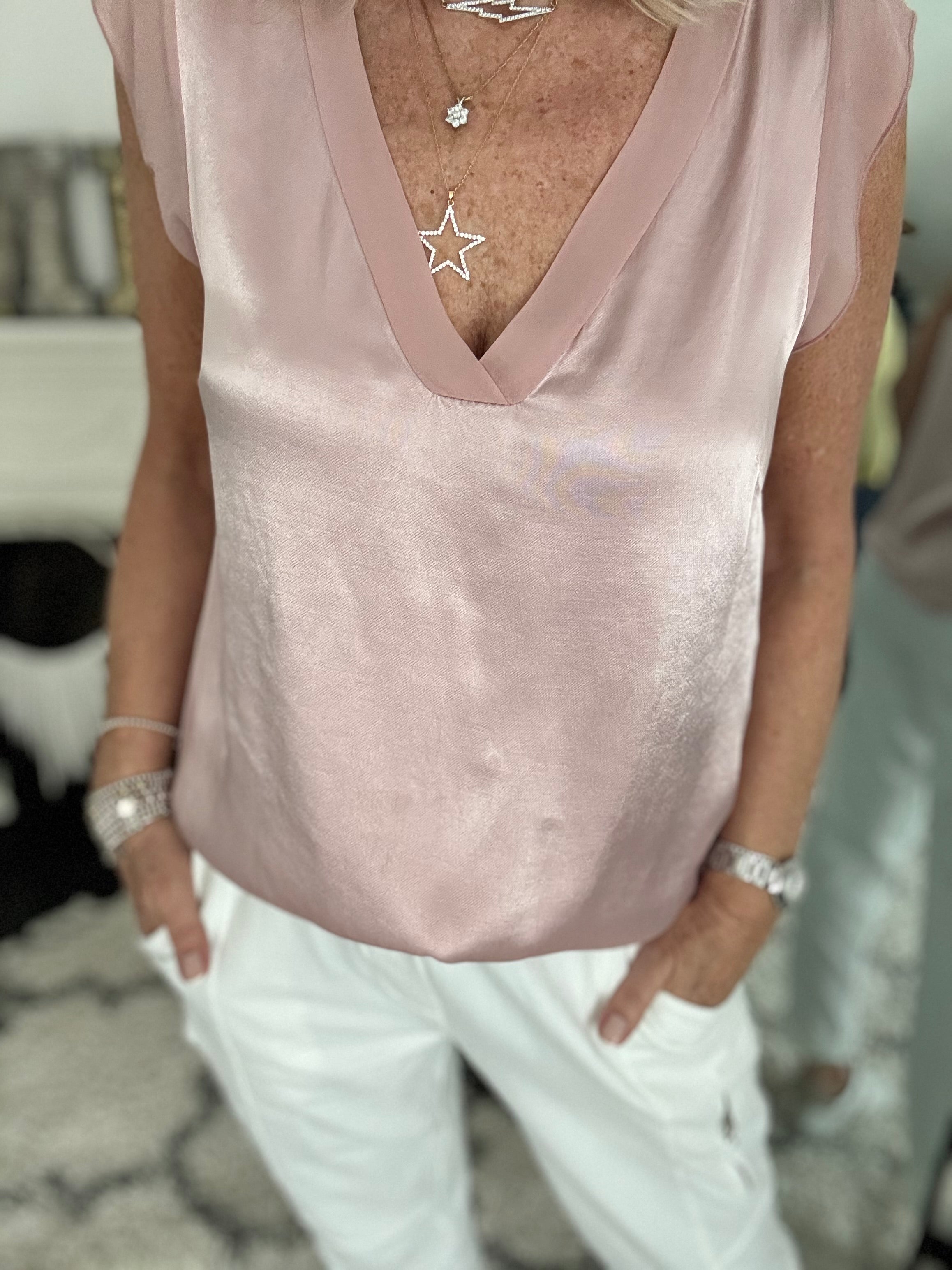 Silky V Neck Tank in Pink