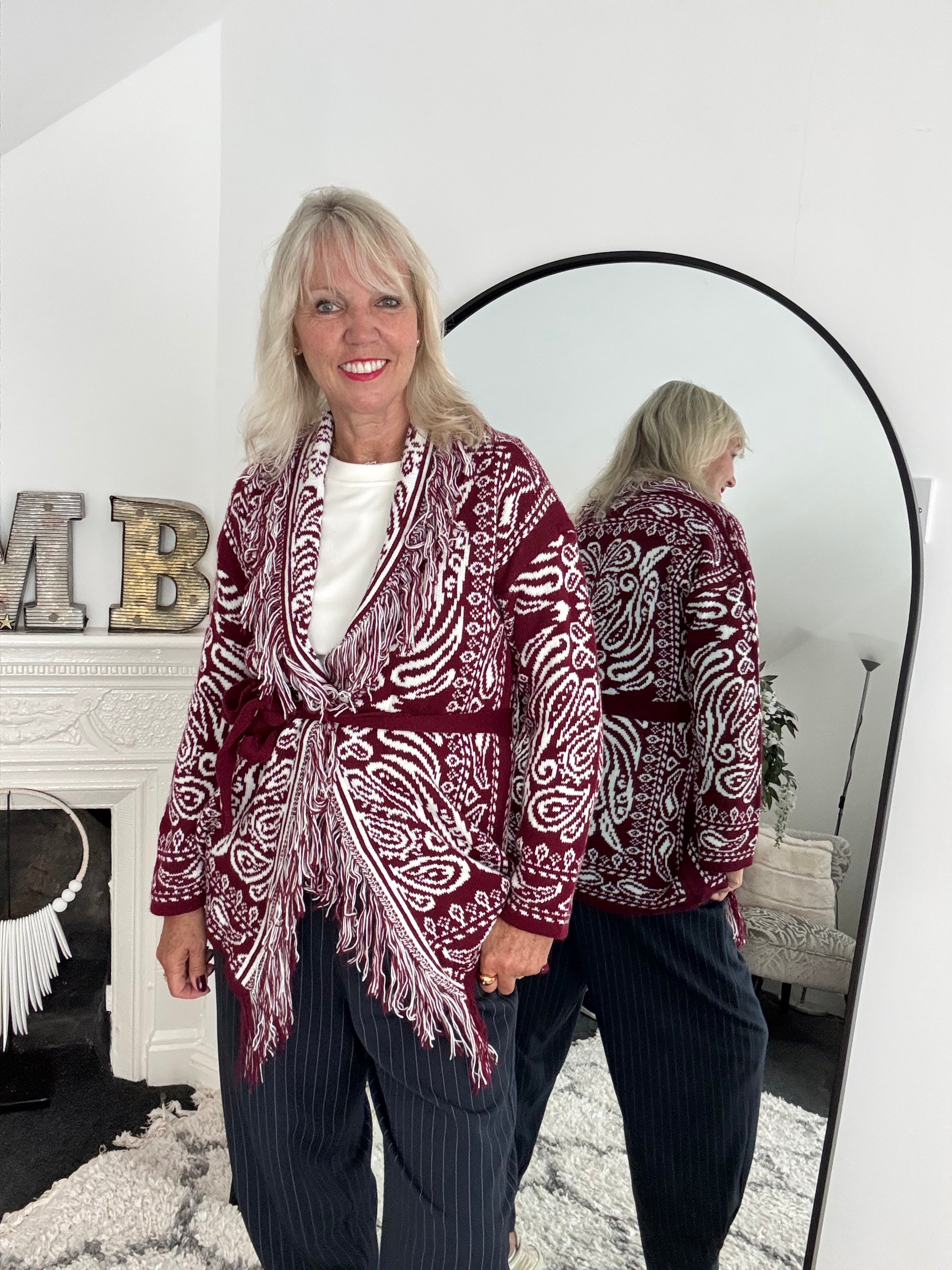 Fringed Paisley Cardigan in Wine
