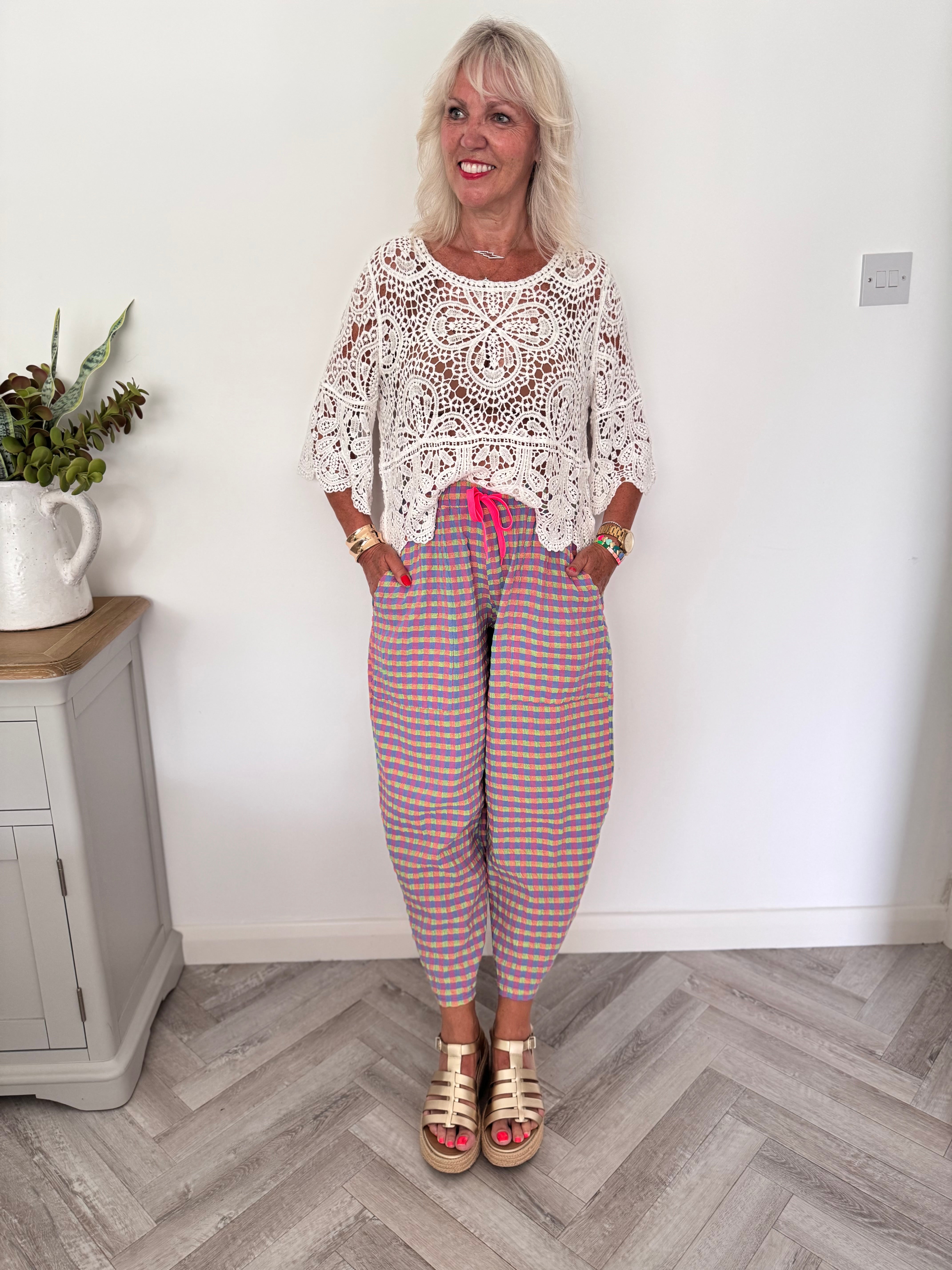 Barrel Check Trousers in Pink & Lime