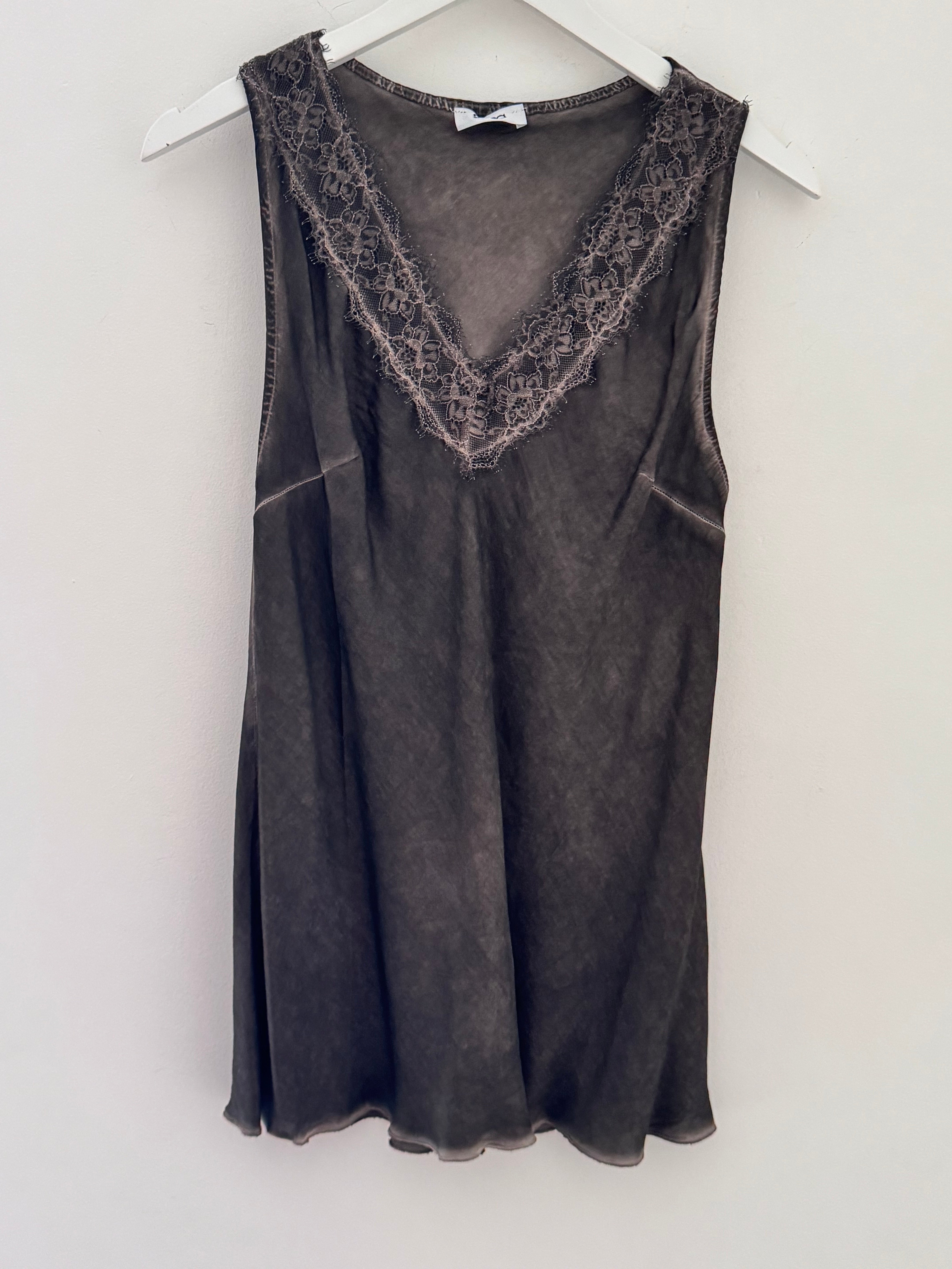 Lace Trim Silk Top in Cocoa