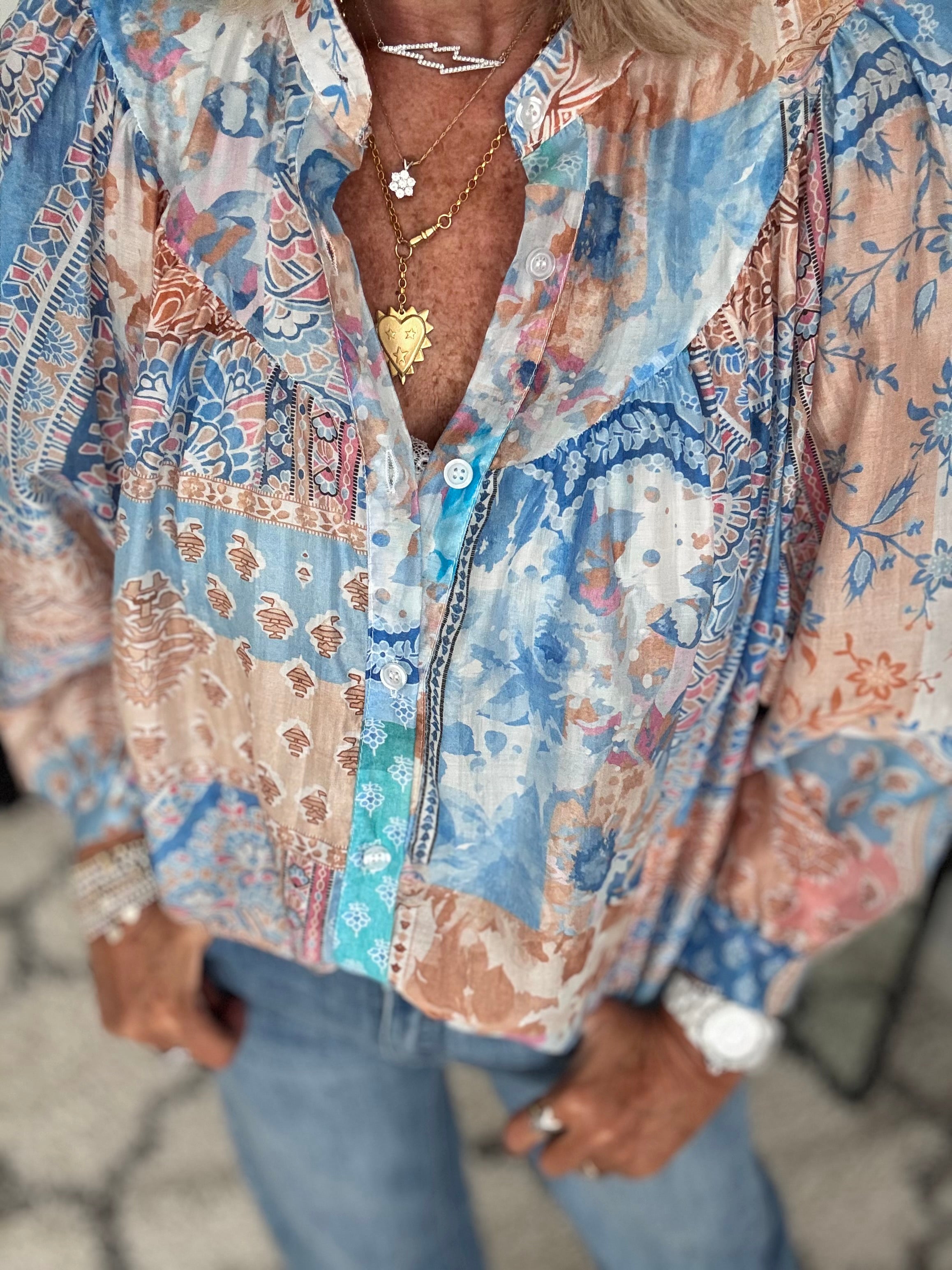 Patchwork Shirt in Blue & Pink