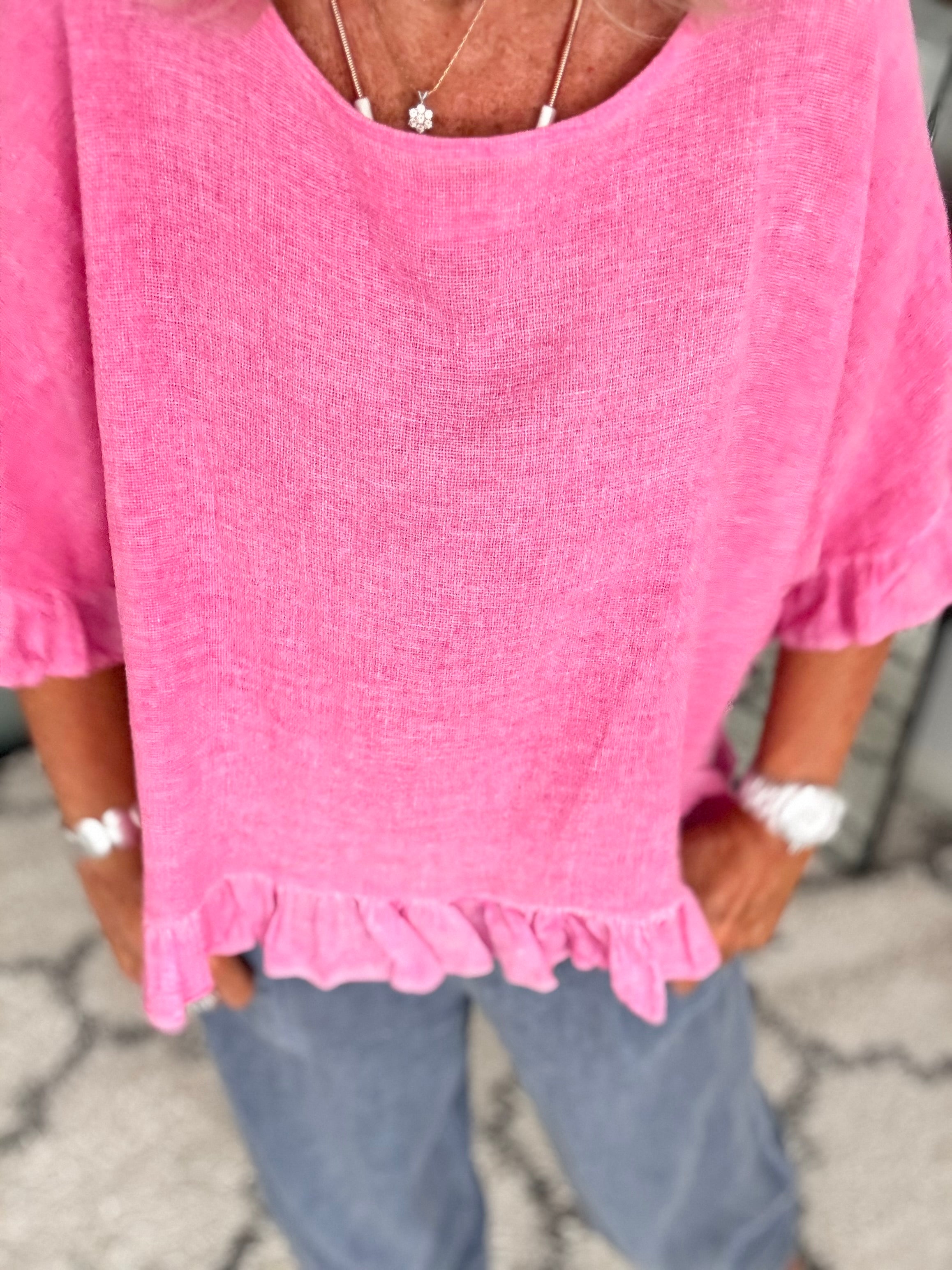 Linen & Cotton Ruffle Edge Top in Candy Pink