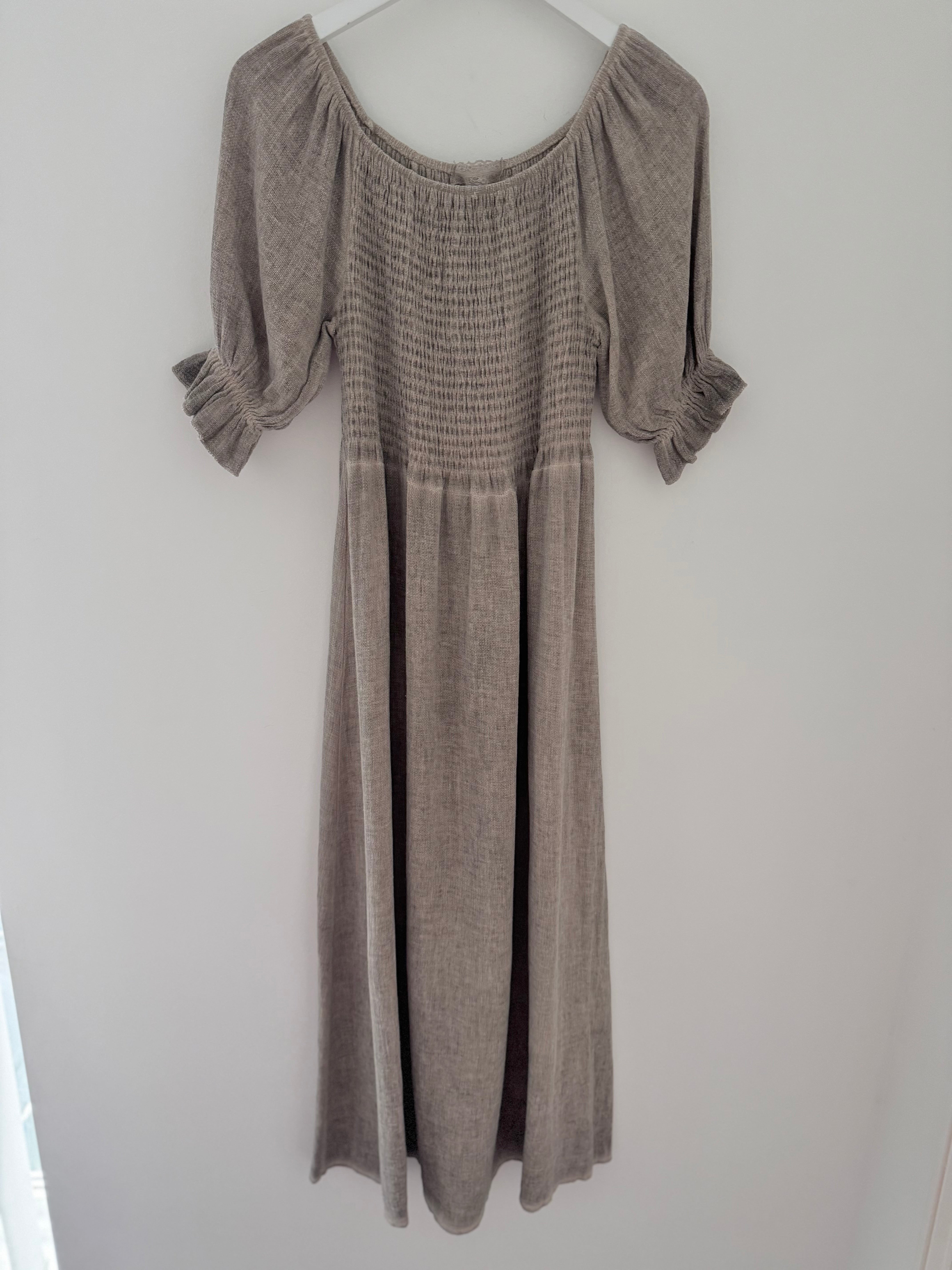 Cotton & Linen Shirred Dress in Mocha