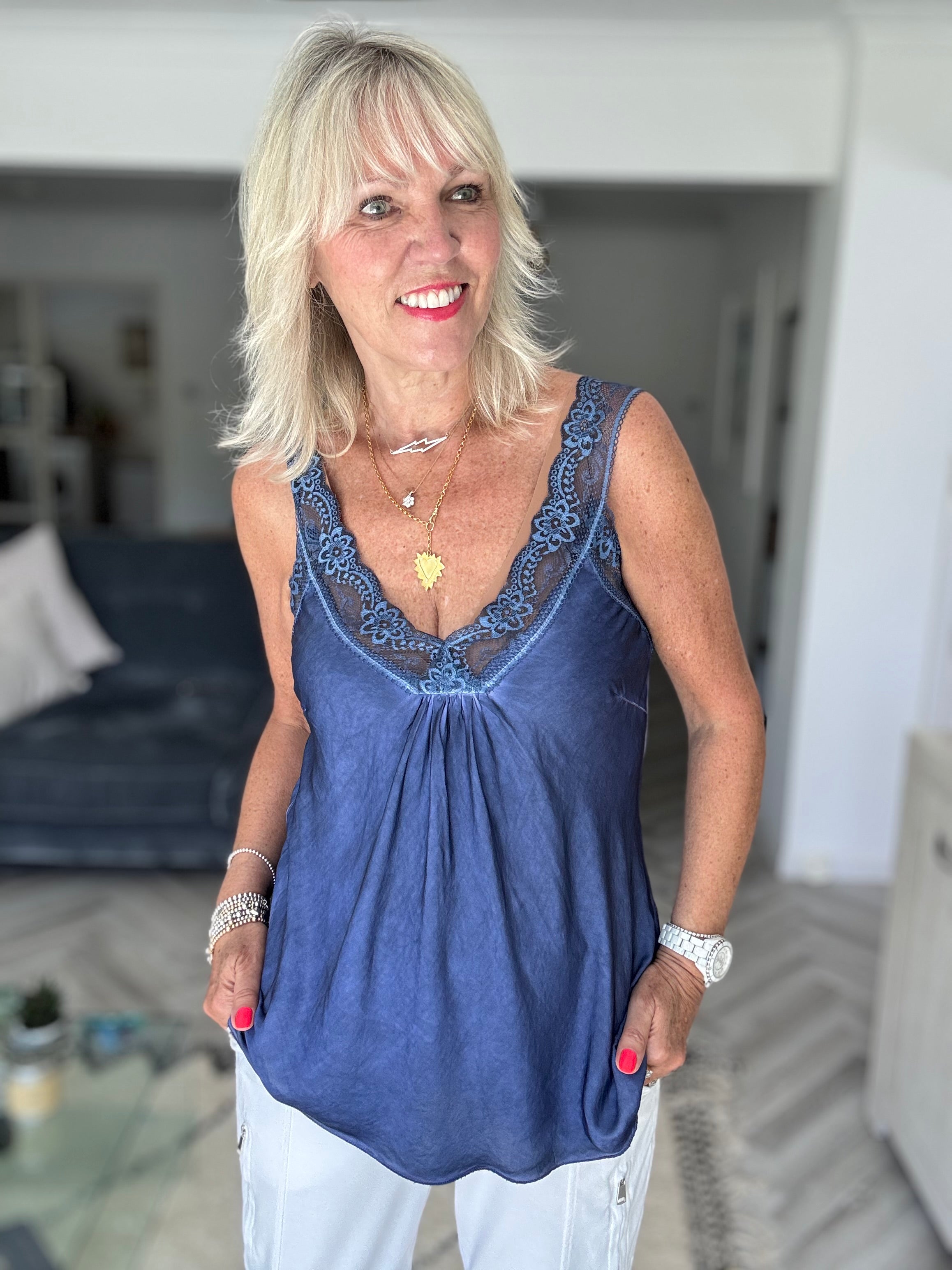 Lace Trim Silk Cami in Indigo Blue