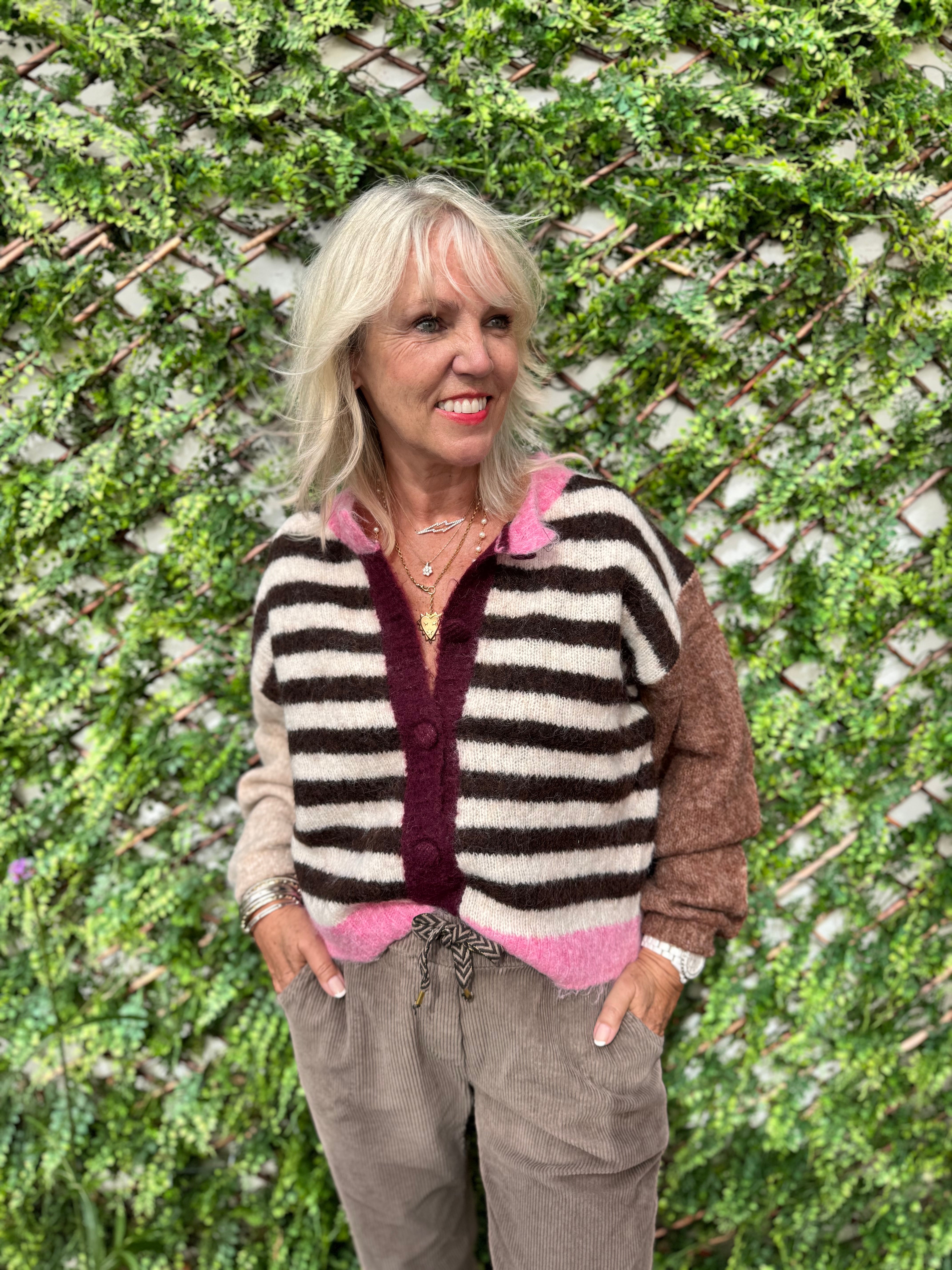 Stripe Mohair Cardi in Pink & Cocoa