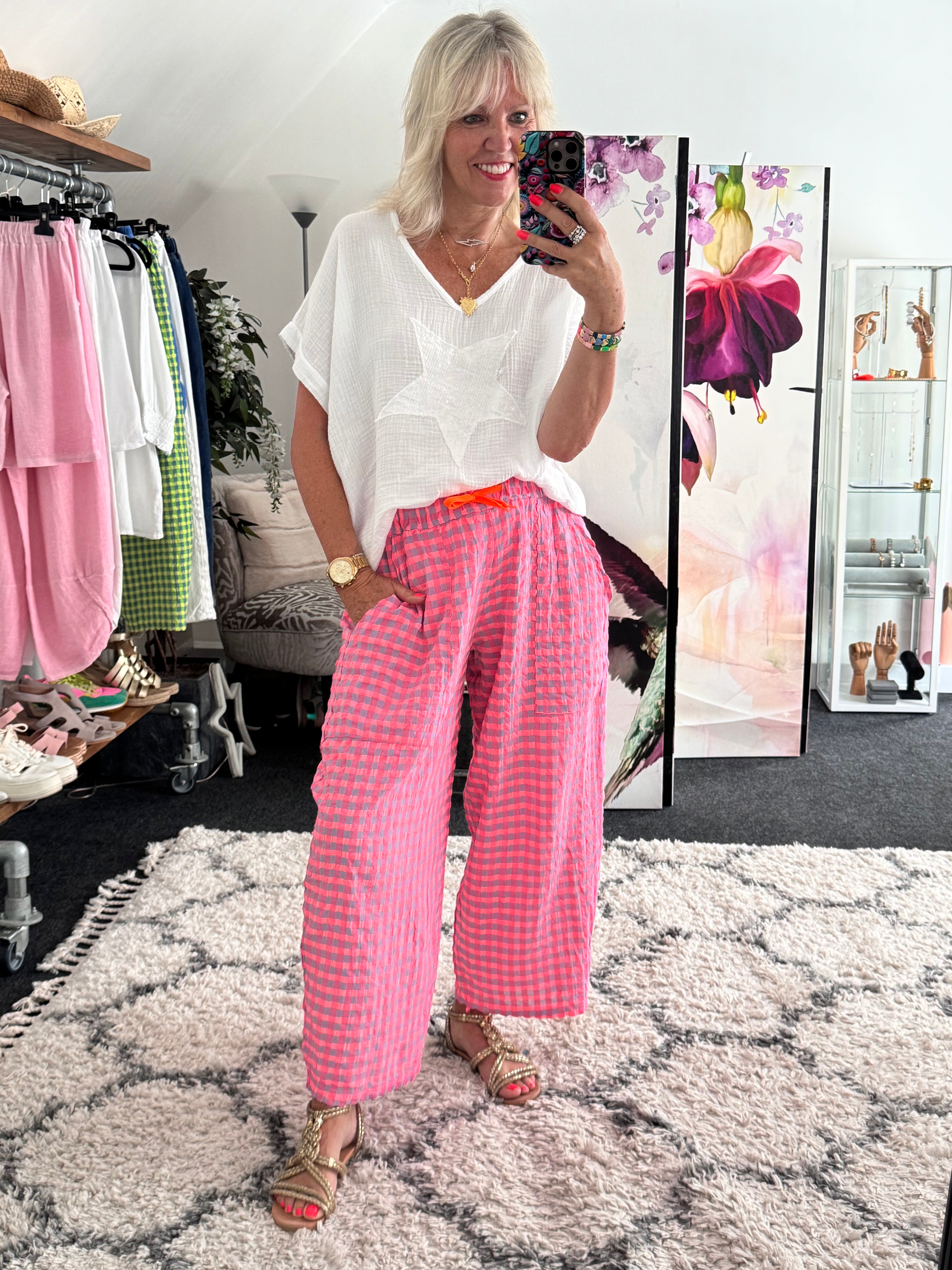 Barrel Check Trousers in Neon Pink