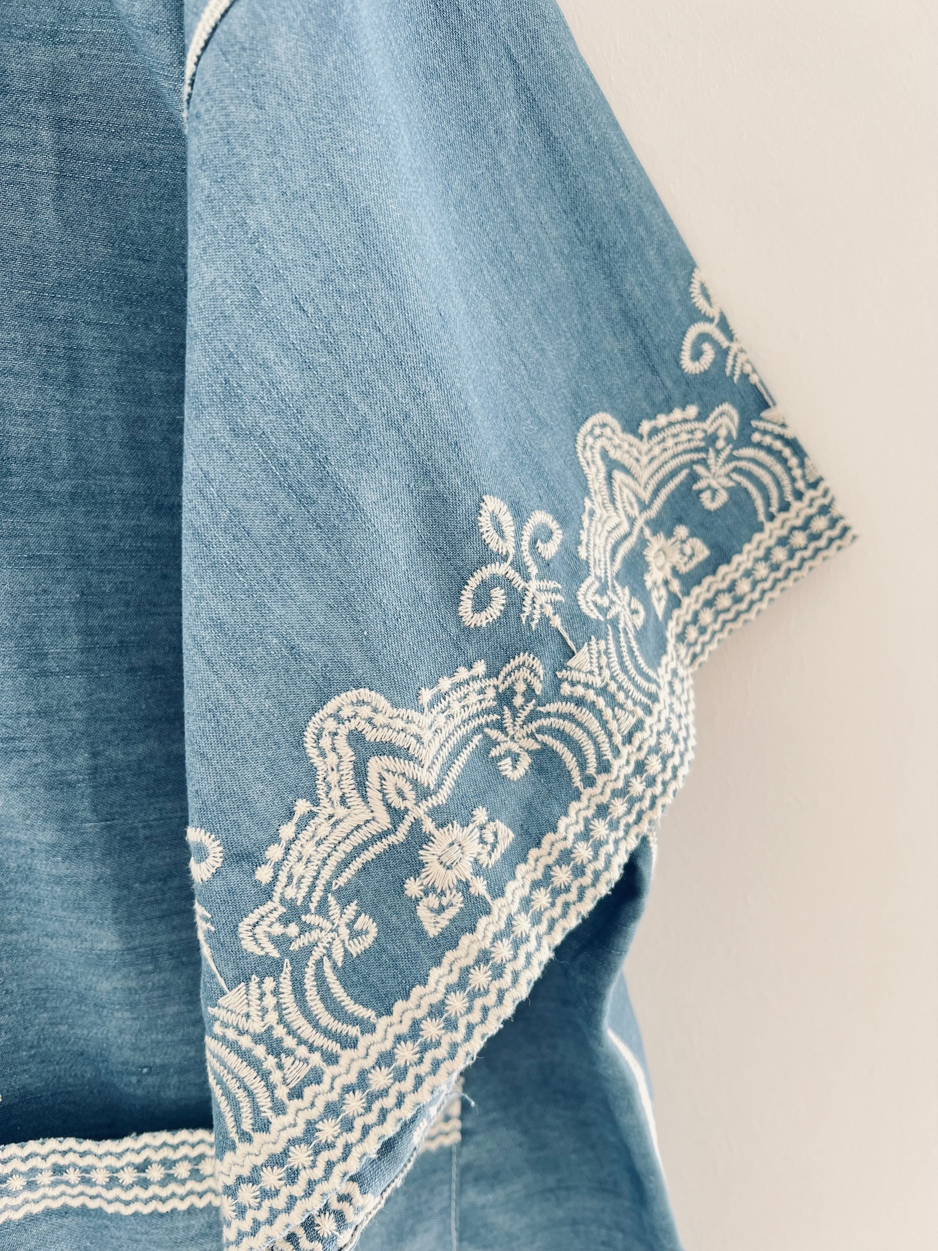 Embroidered Kimono Jacket in Blue Chambray
