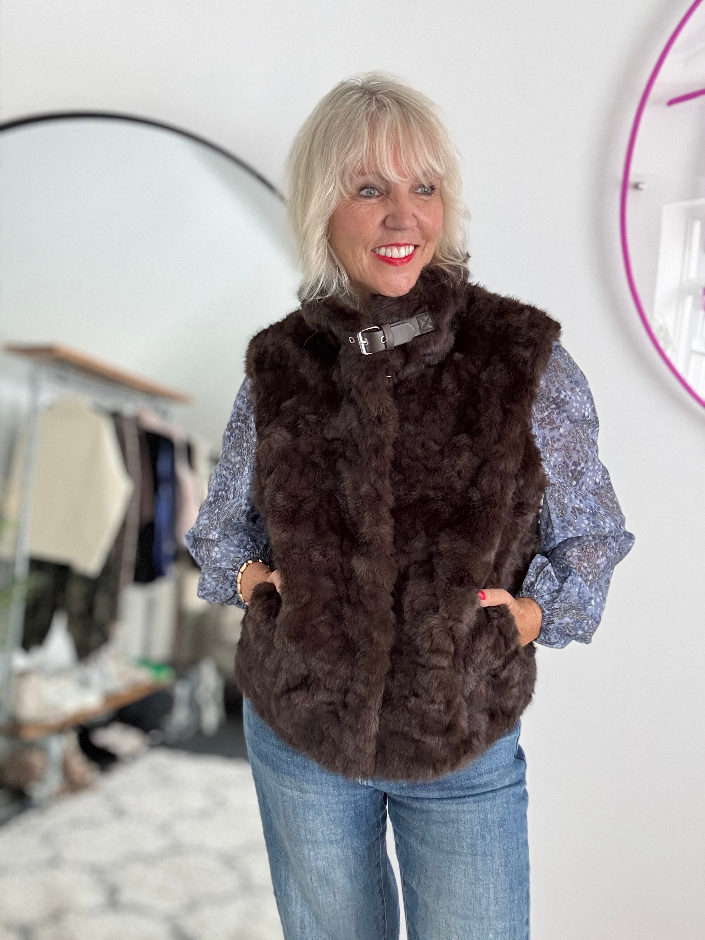 Designer Faux Fur Gilet in Chocolate