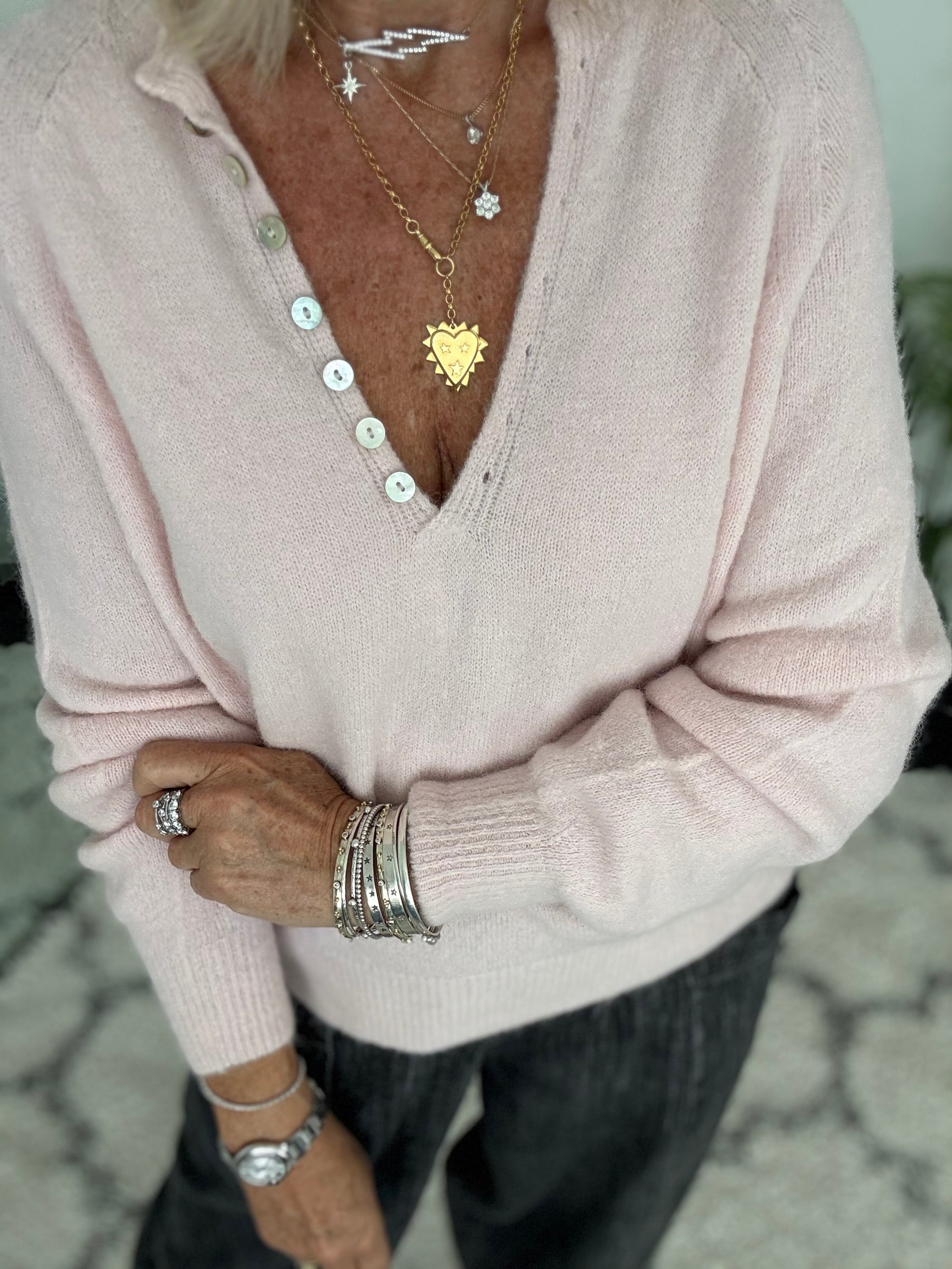 Softie Jumper with Button Neck in Soft Pink