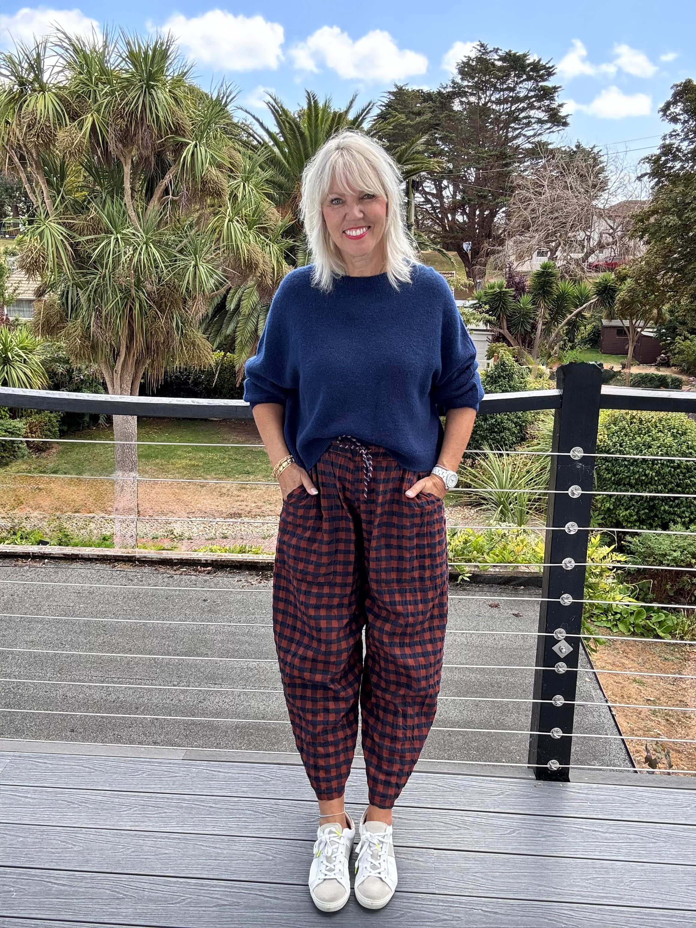 Barrel Check Trousers in Rust & Navy