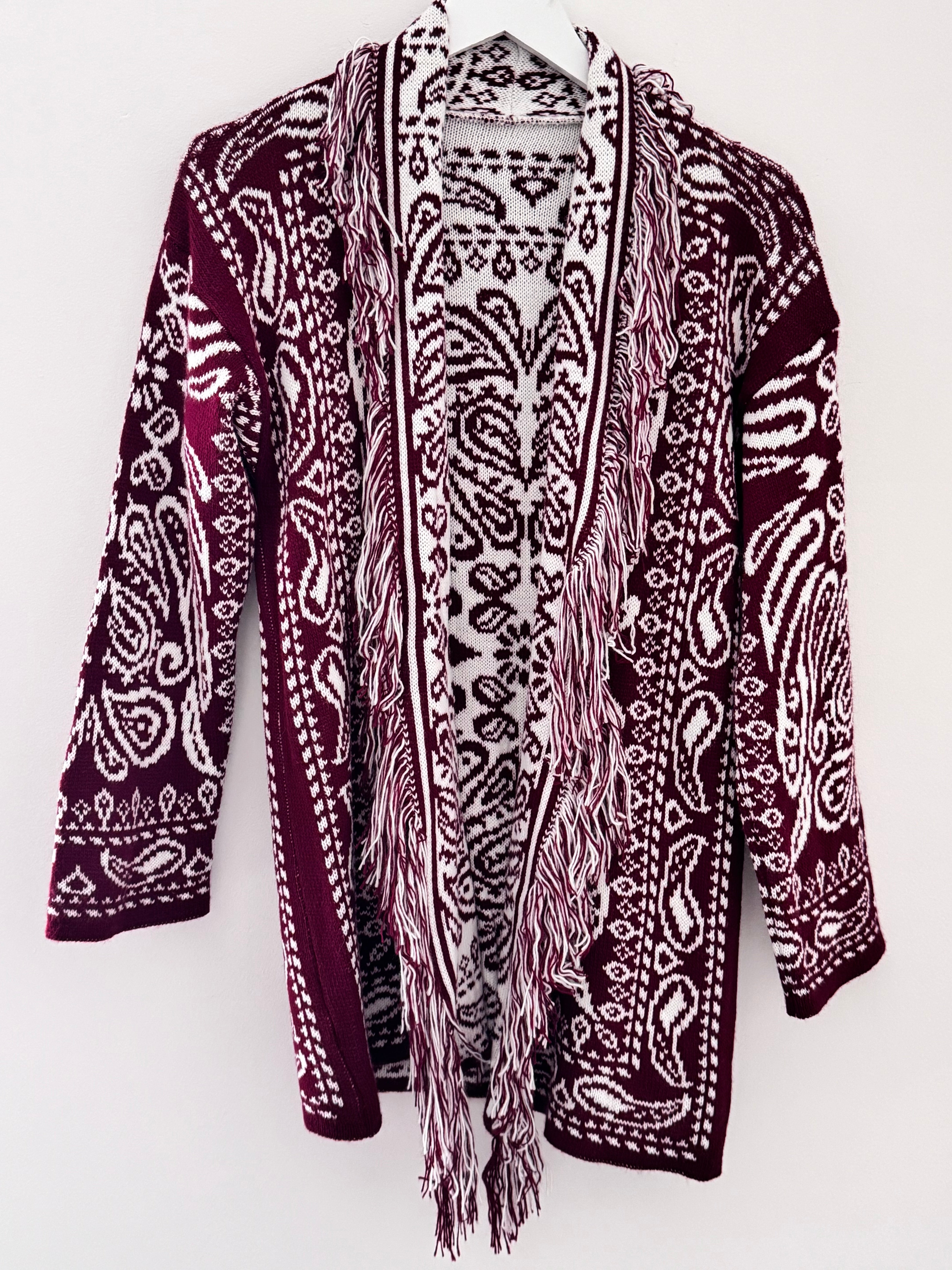 Fringed Paisley Cardigan in Wine