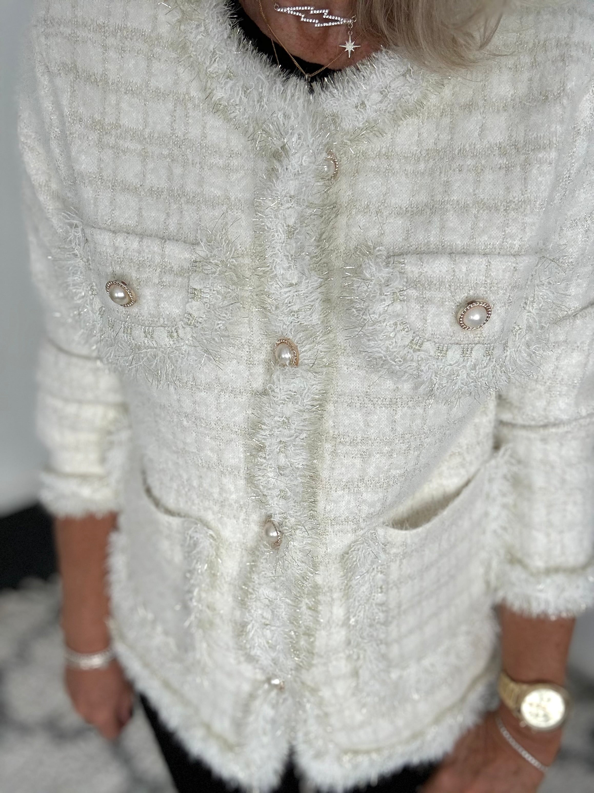 Pearl Button & Tweed Cardi Jacket in Ivory