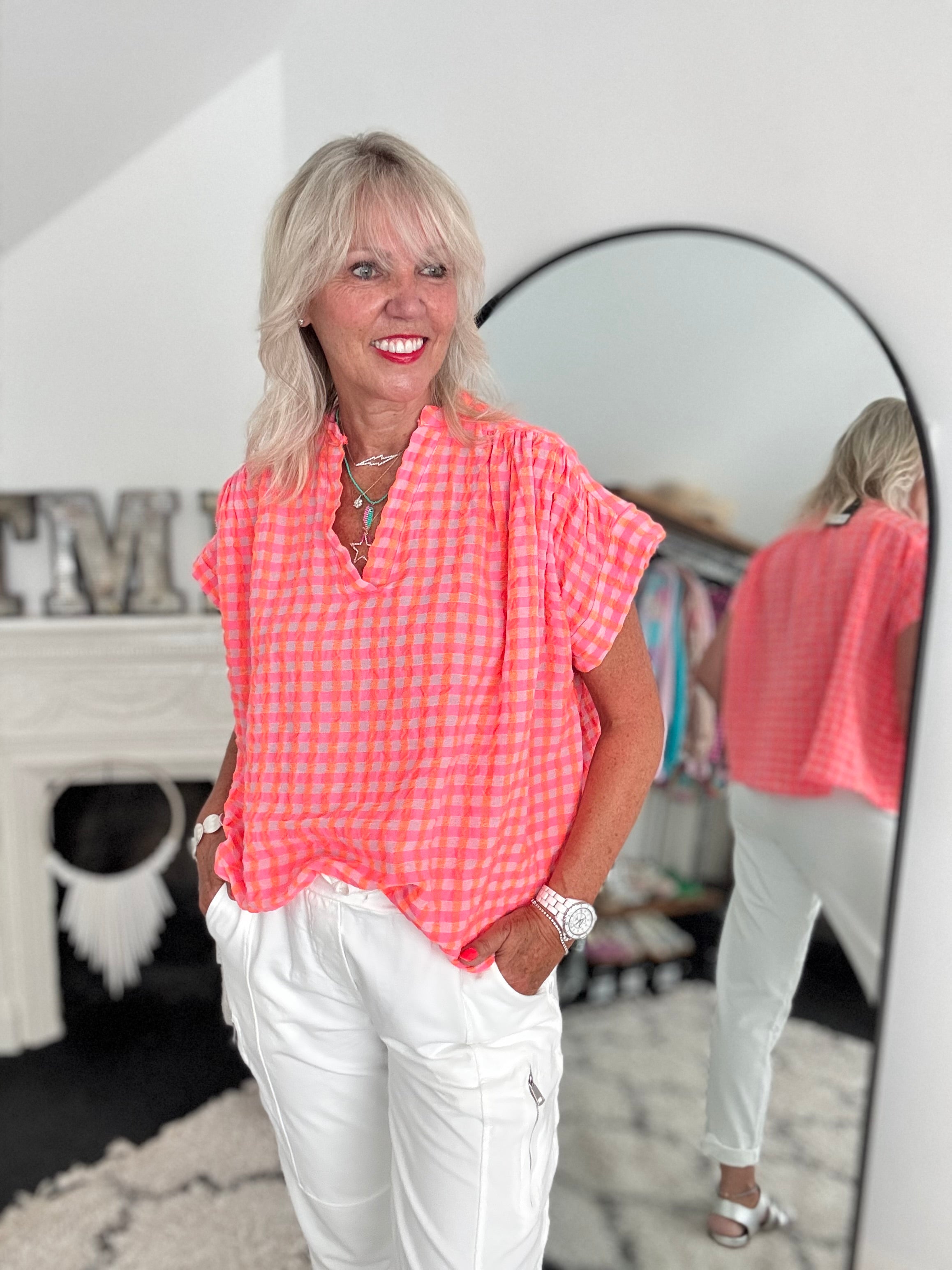 Check Top in Neon Pink & Orange