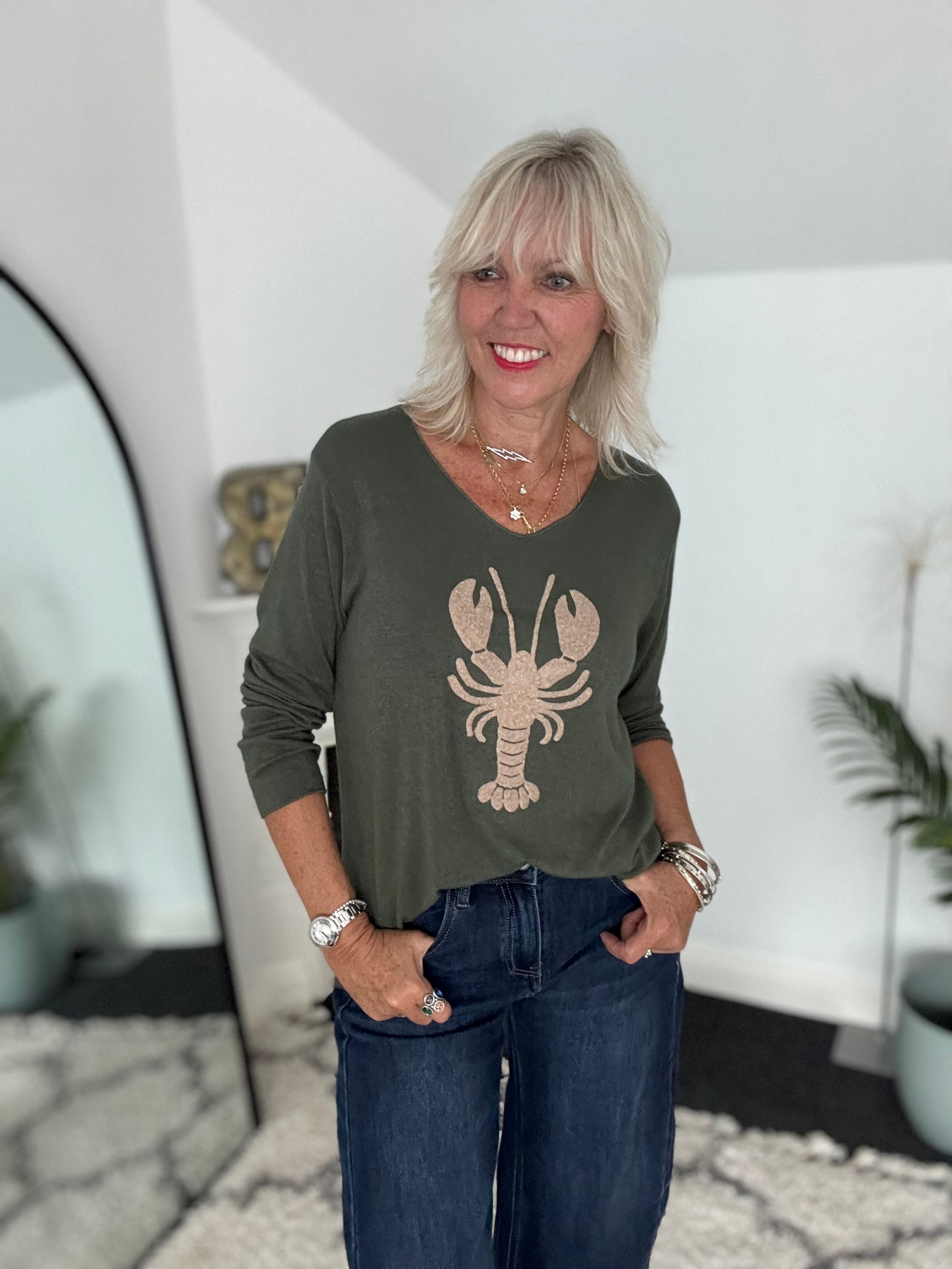 Soft V Neck Lobster Knit in Khaki