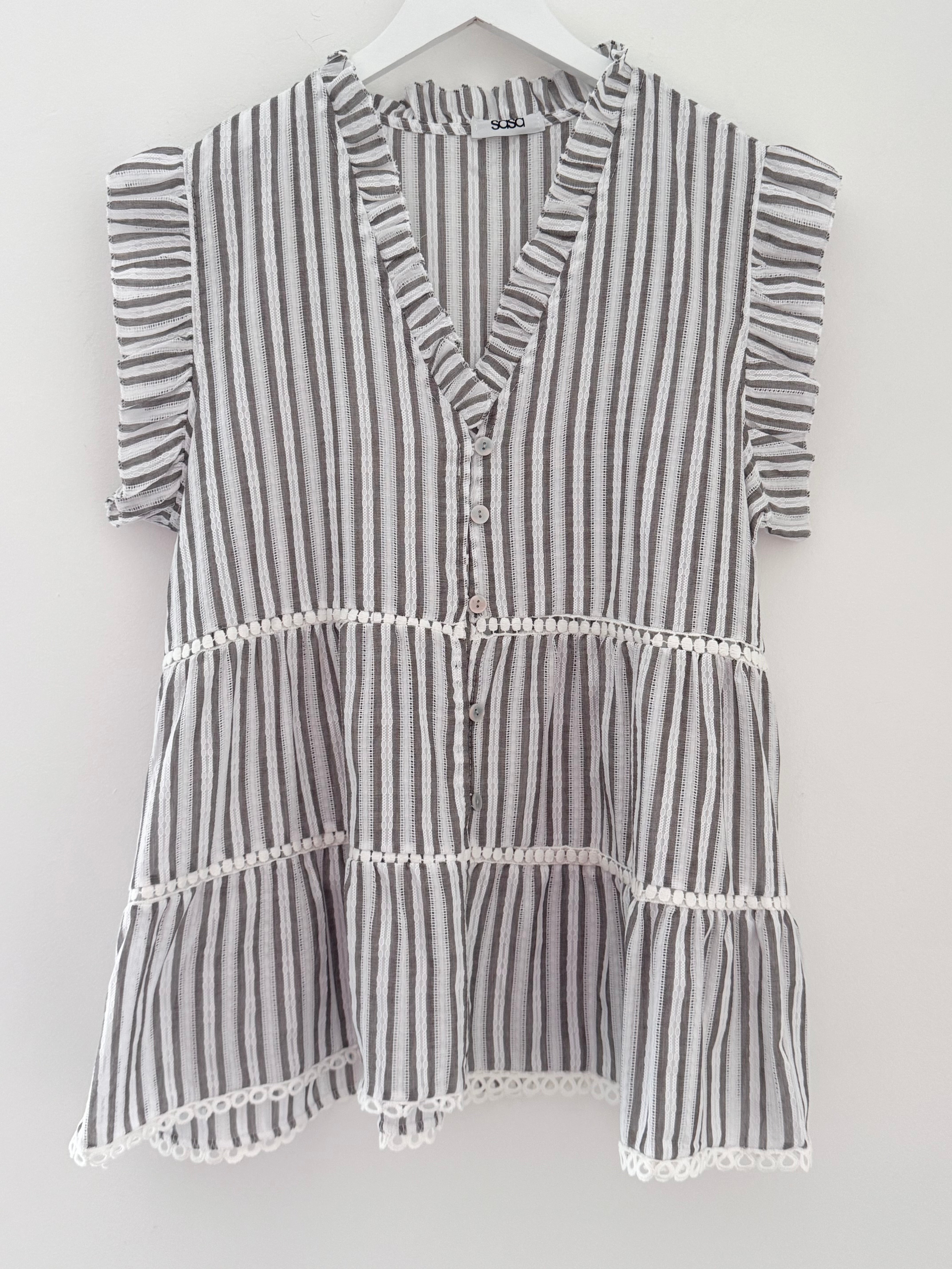 Tiered Cotton Top in Mocha & White Stripe