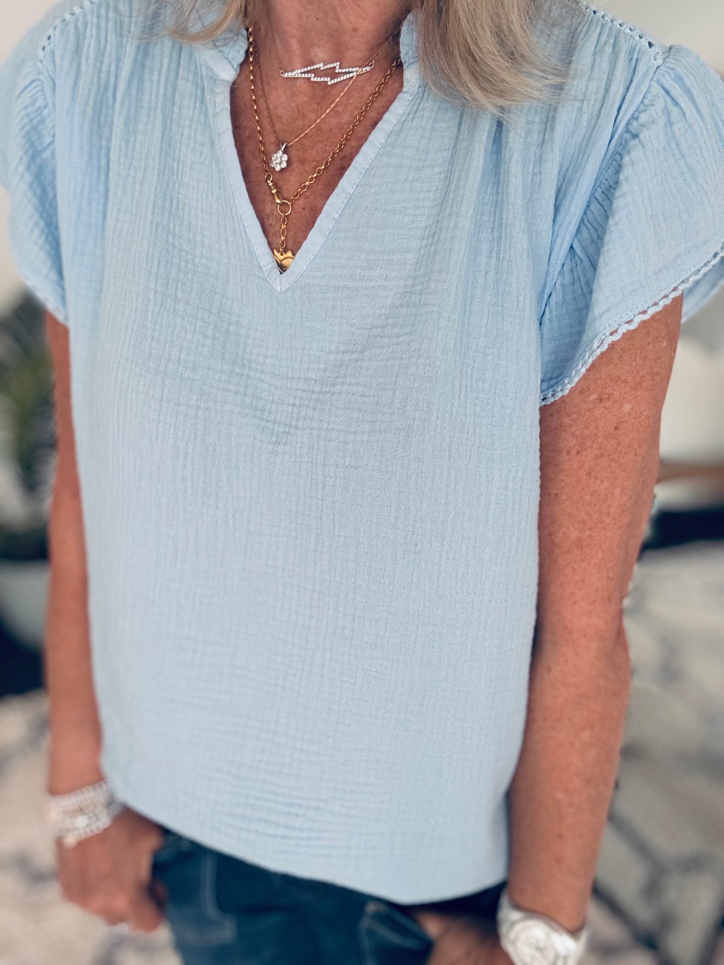 Cheesecloth Top with Ruffle Sleeves in Light Blue