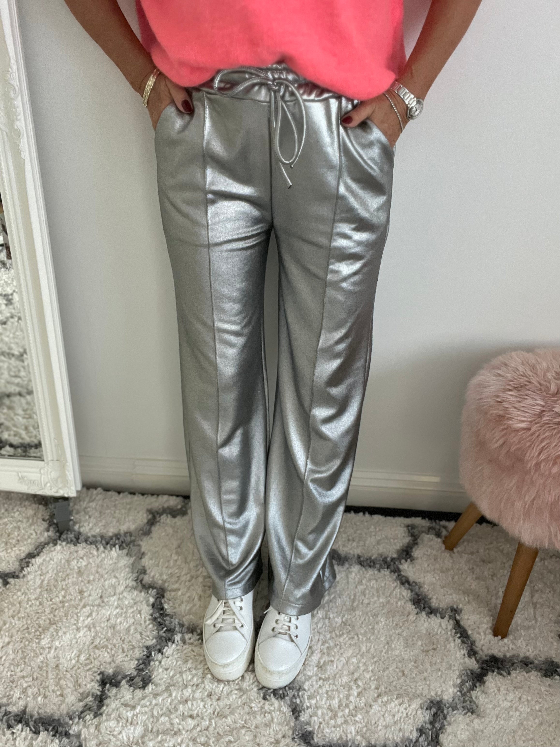 Wide Leg Stretch Jogger Trousers in Silver