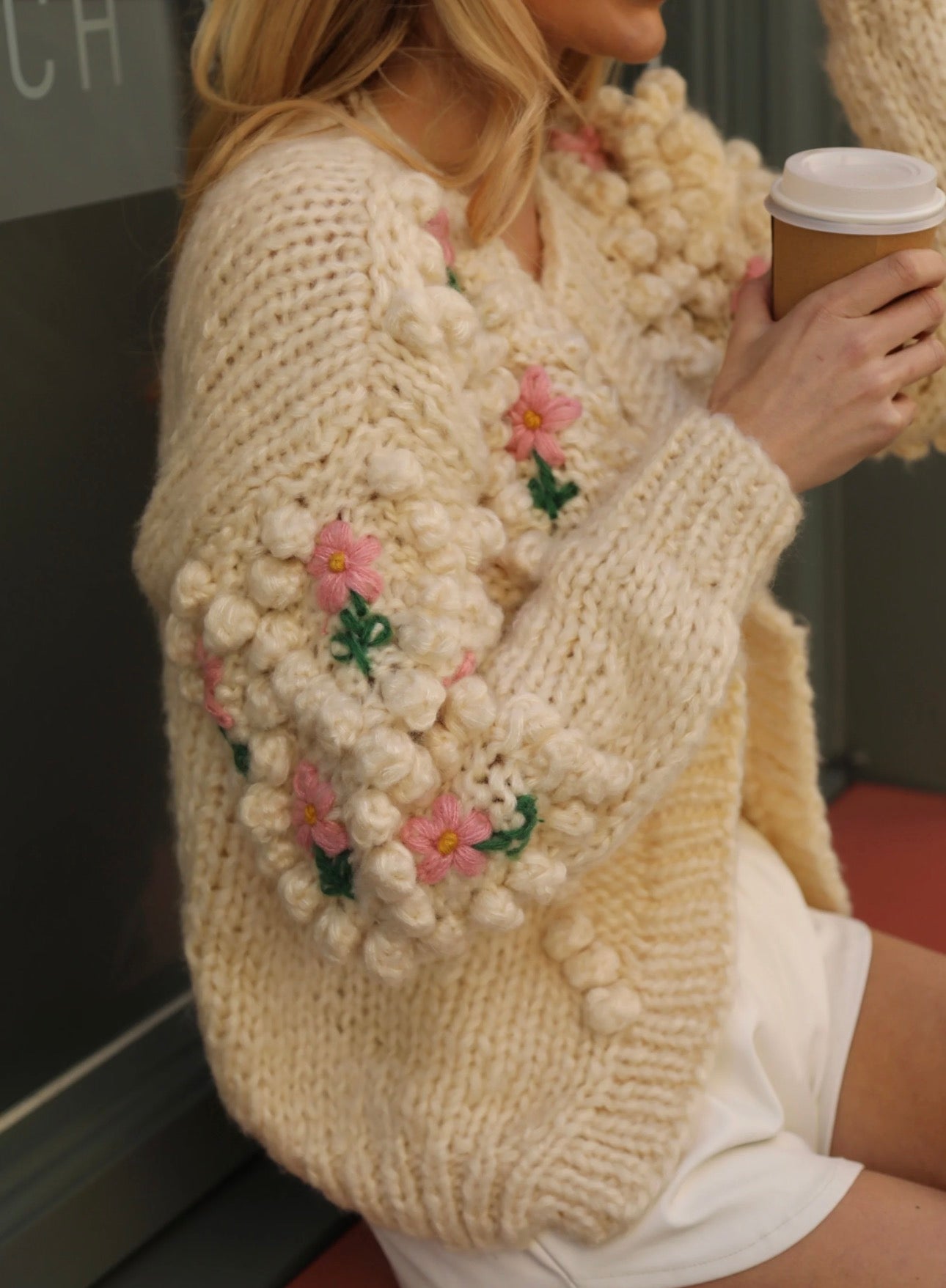 Hand Knitted Cardi with Embroidered Flowers